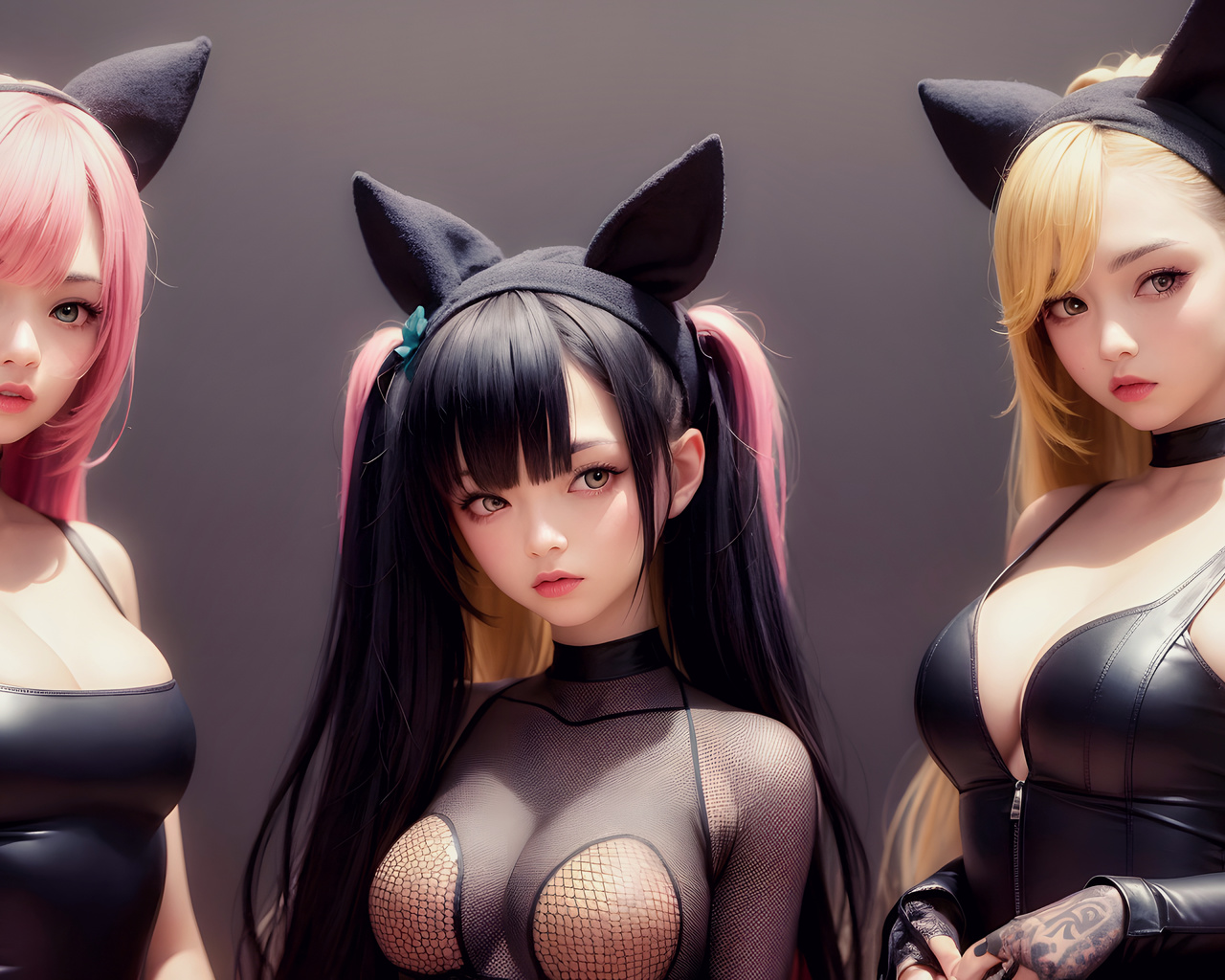 ai art, stable diffusion, , brunette, asian, blonde, black dress, group of women, pink hair