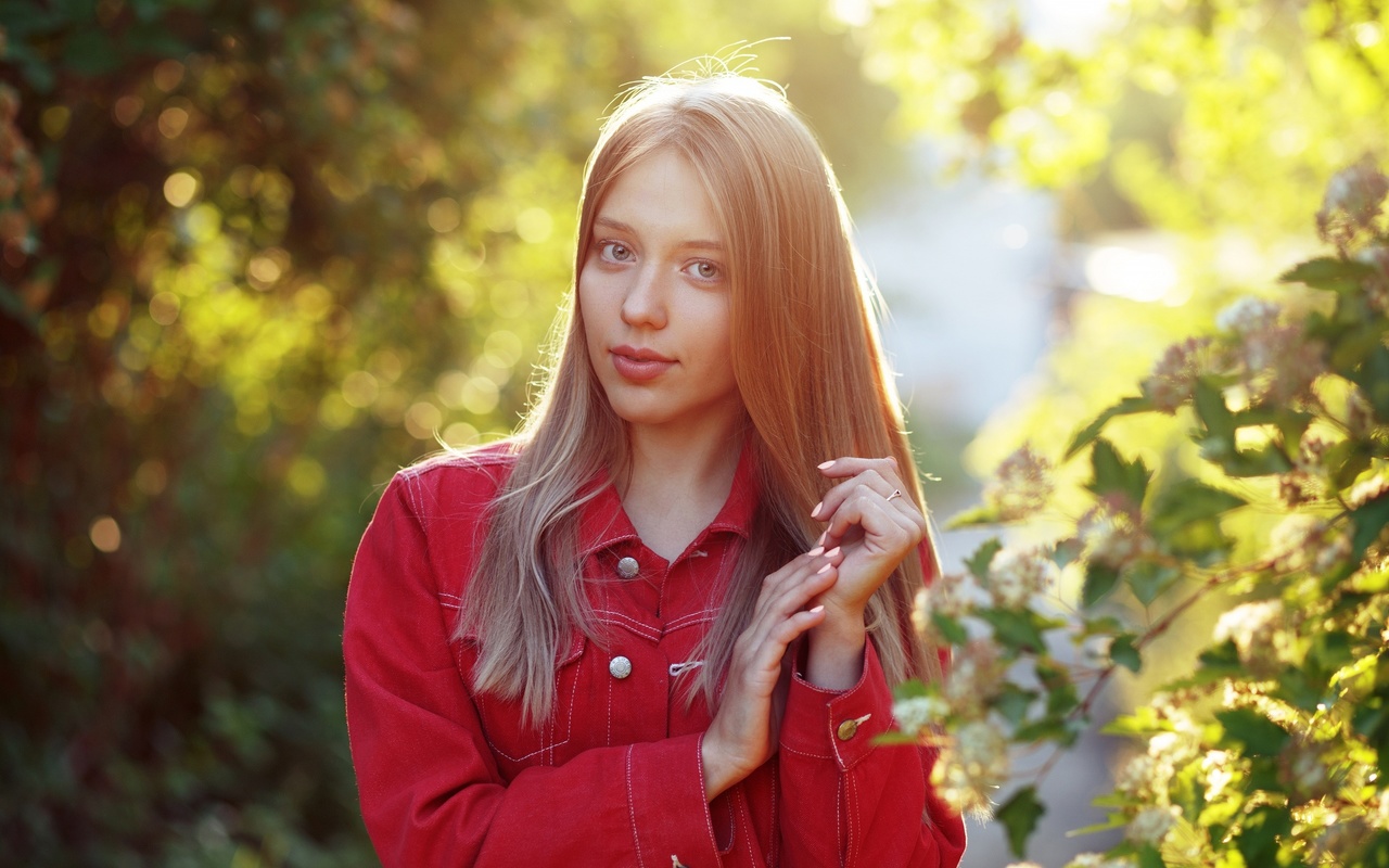 evgeniy bulatov, red jackets, nature, denim jacket, blonde, , model, plants, bokeh, women outdoors