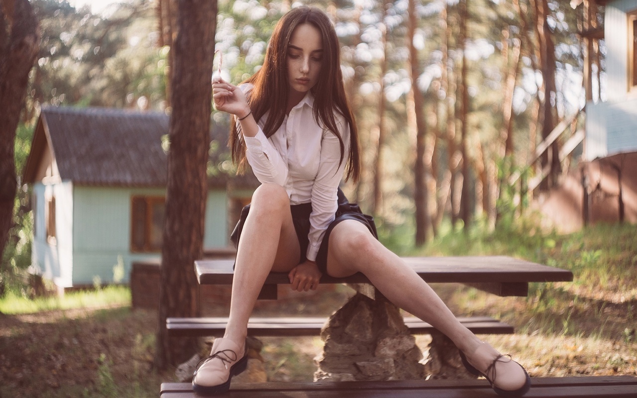 bench, sitting, brunette, ass, , women outdoors, model, black skirts, white blouse, nature, trees, forest, cabin