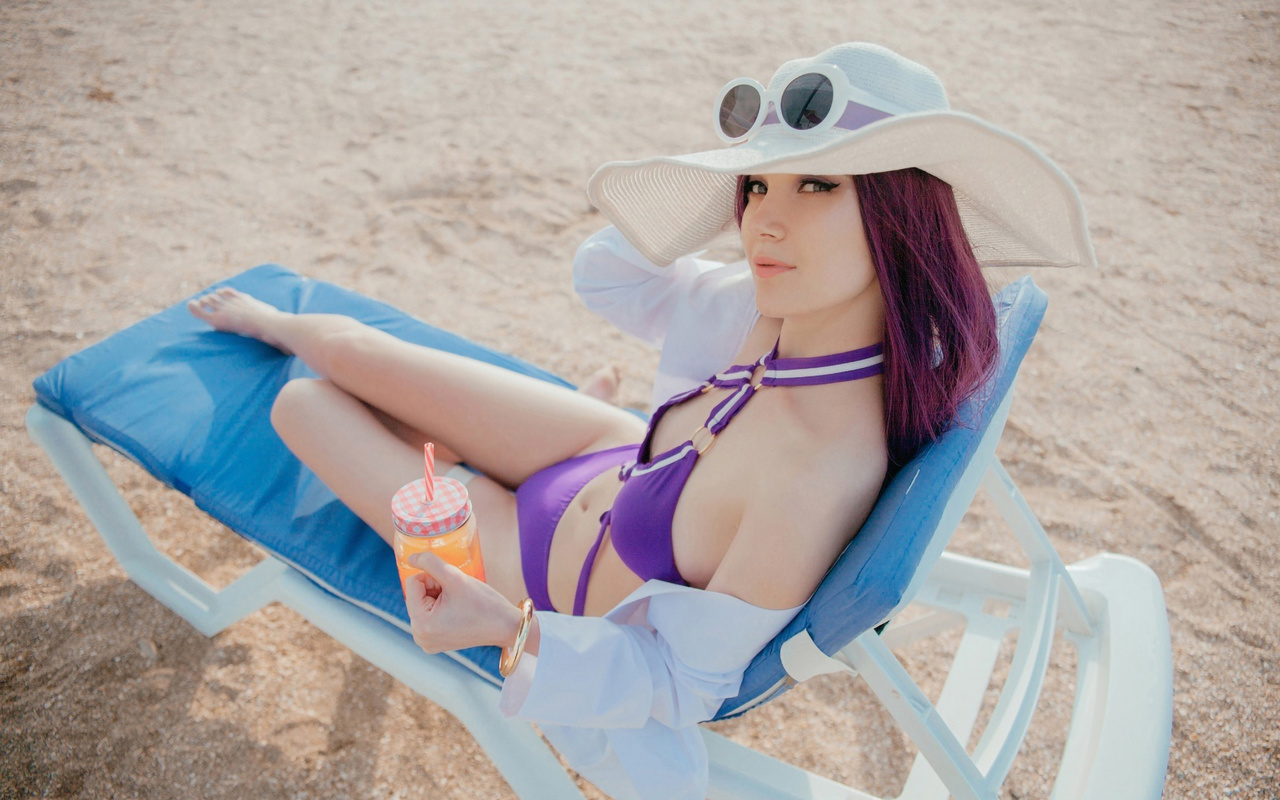 ksana stankevich, cosplay, purple hair, women outdoors, , model, women, caitlyn:league of legends, beach, hips, league of legends, ass