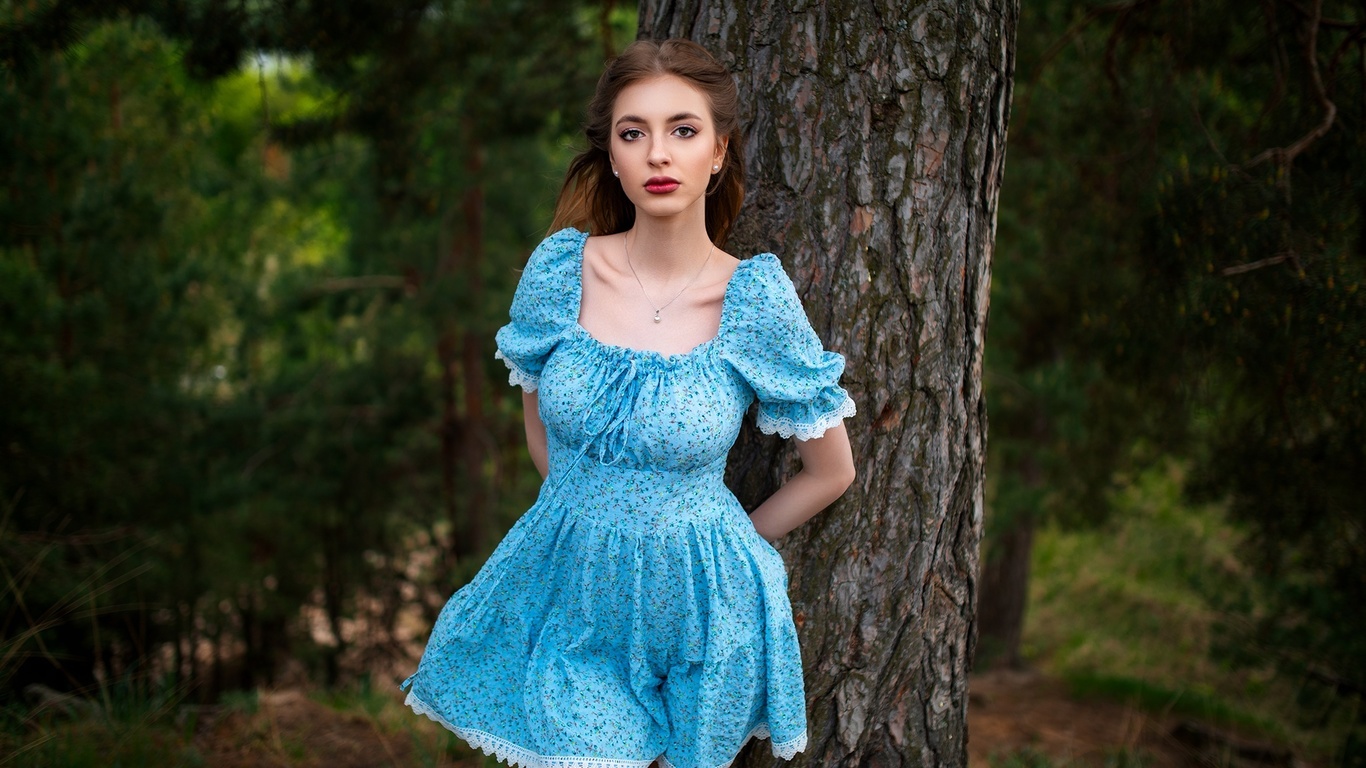 dmitry shulgin, forest, summer dress, nature, brunette, women outdoors, blue dress, , model, red lipstick, trees