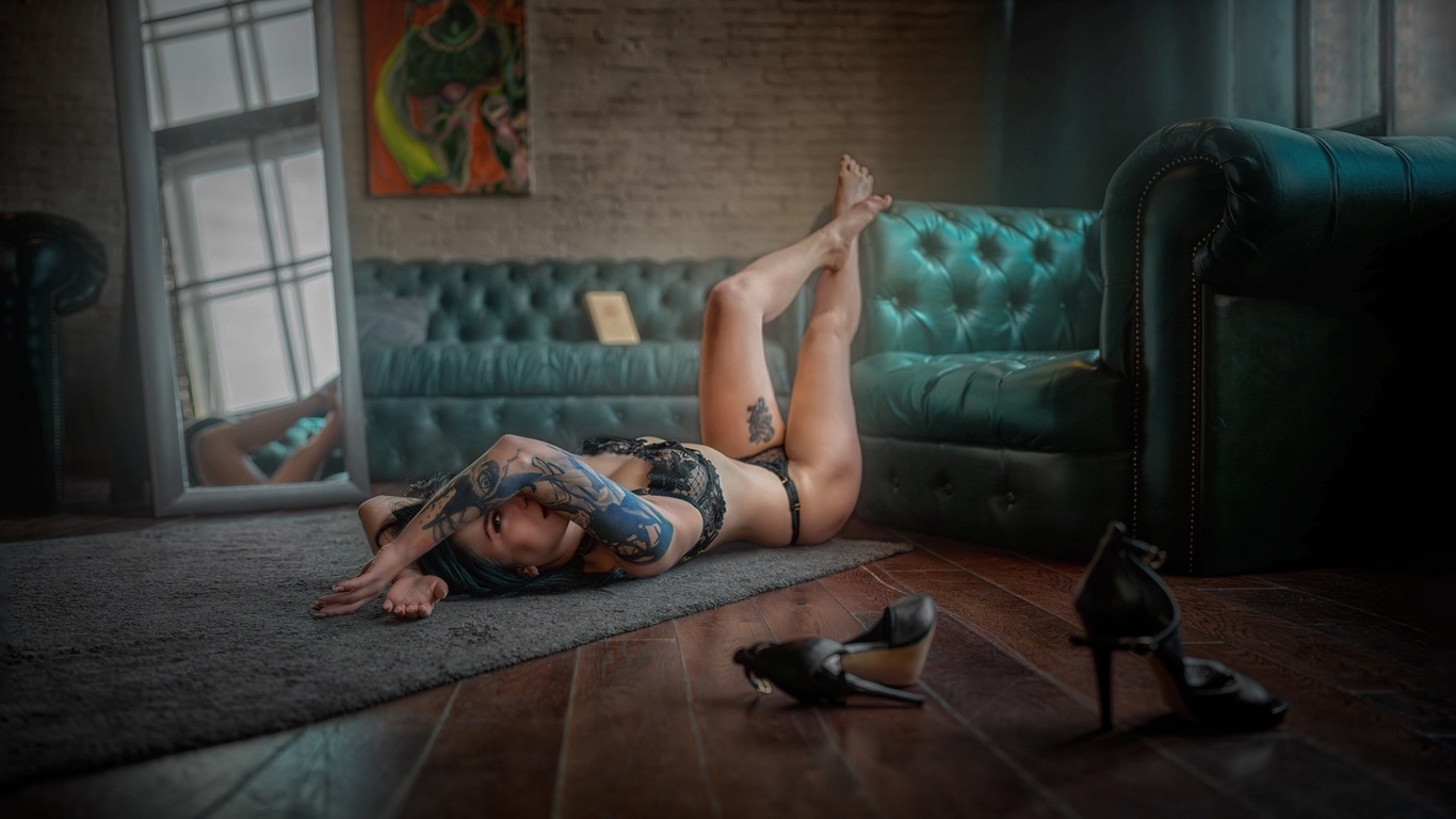 tattoo, ass, couch, brunette, lingerie, mirror, , reflection, model, bra, hips, on the floor, living room, panties