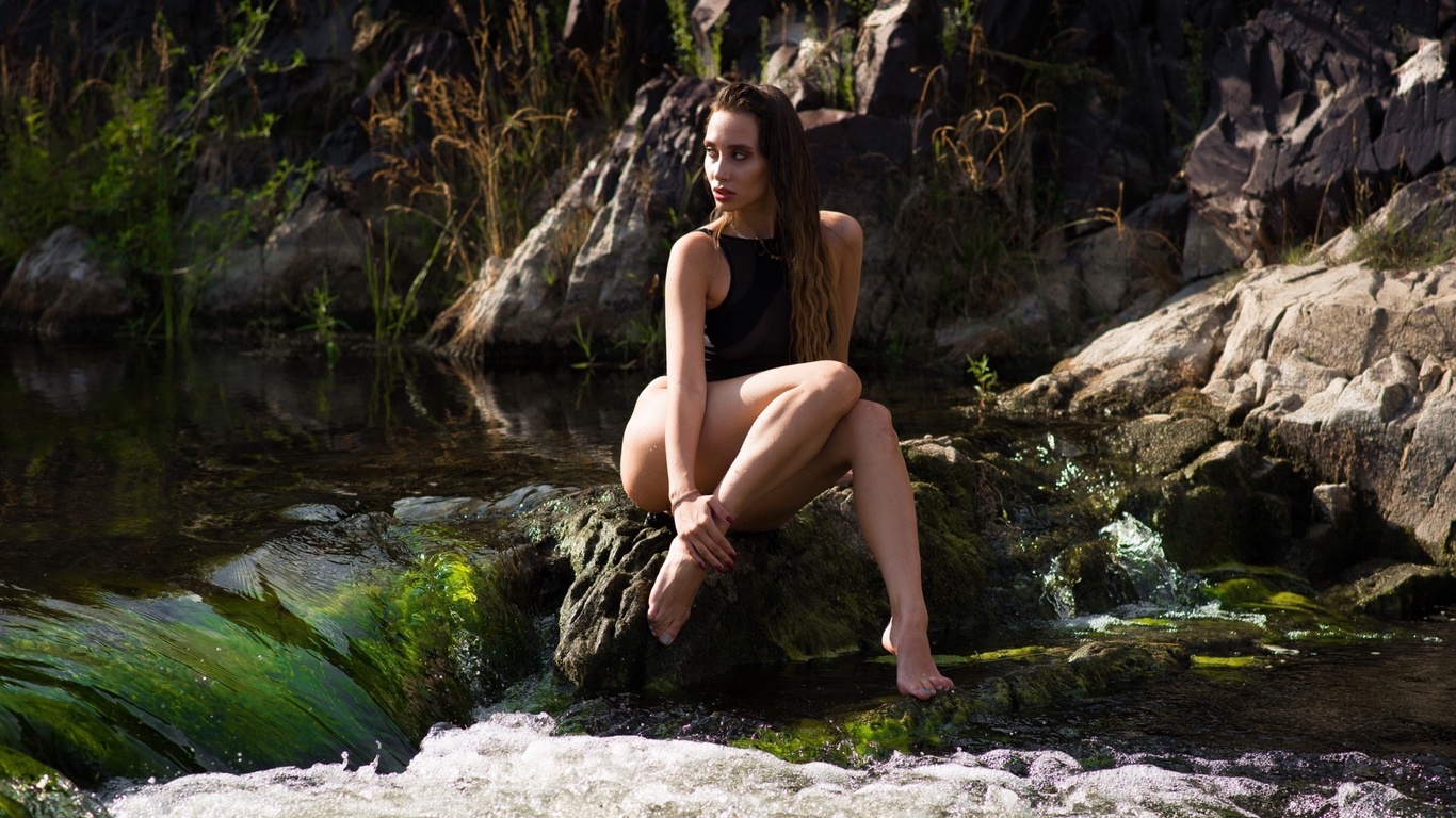 swimwear, river, ass, brunette, , women outdoors, model, water, hips, sitting, nature, rocks