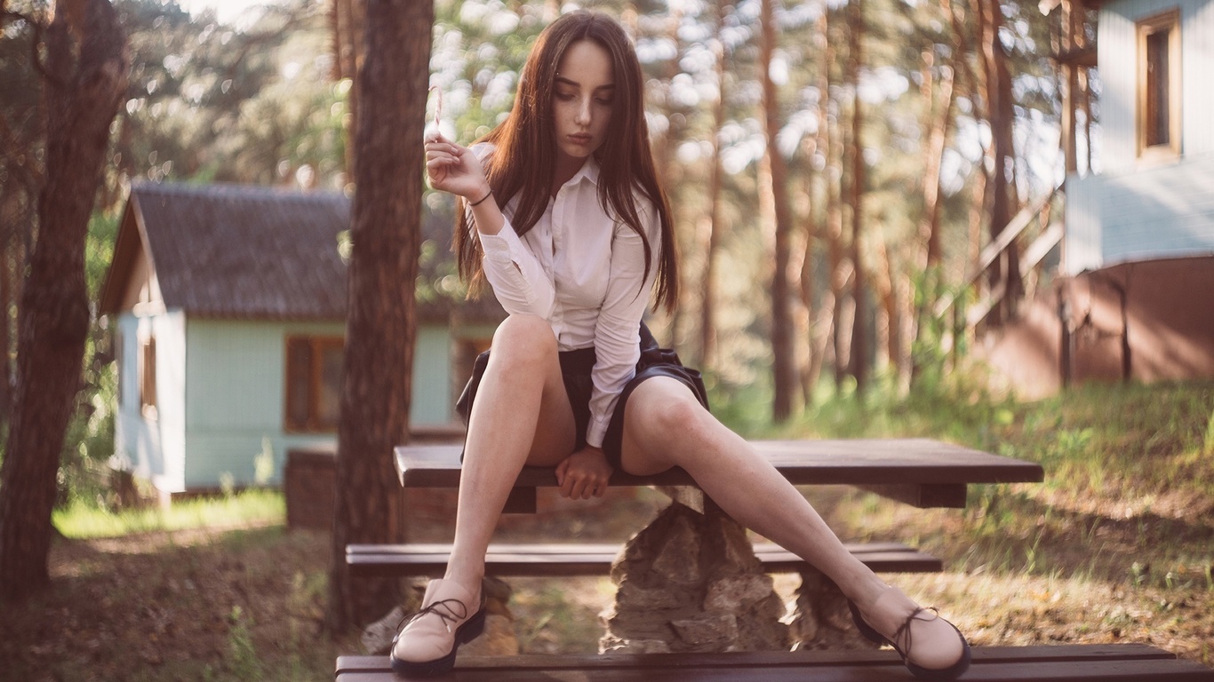 bench, sitting, brunette, ass, , women outdoors, model, black skirts, white blouse, nature, trees, forest, cabin