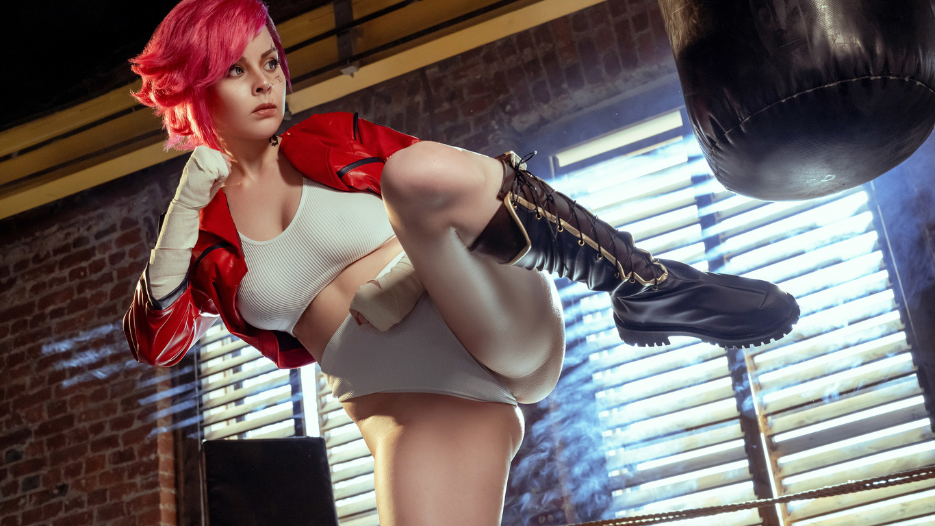 helly von valentine, model, cosplay, vi league of legends, redhead, , women, league of legends, arcane, women indoors, ass, leather jacket, tattoo, hips, white panties, video game girls, video games