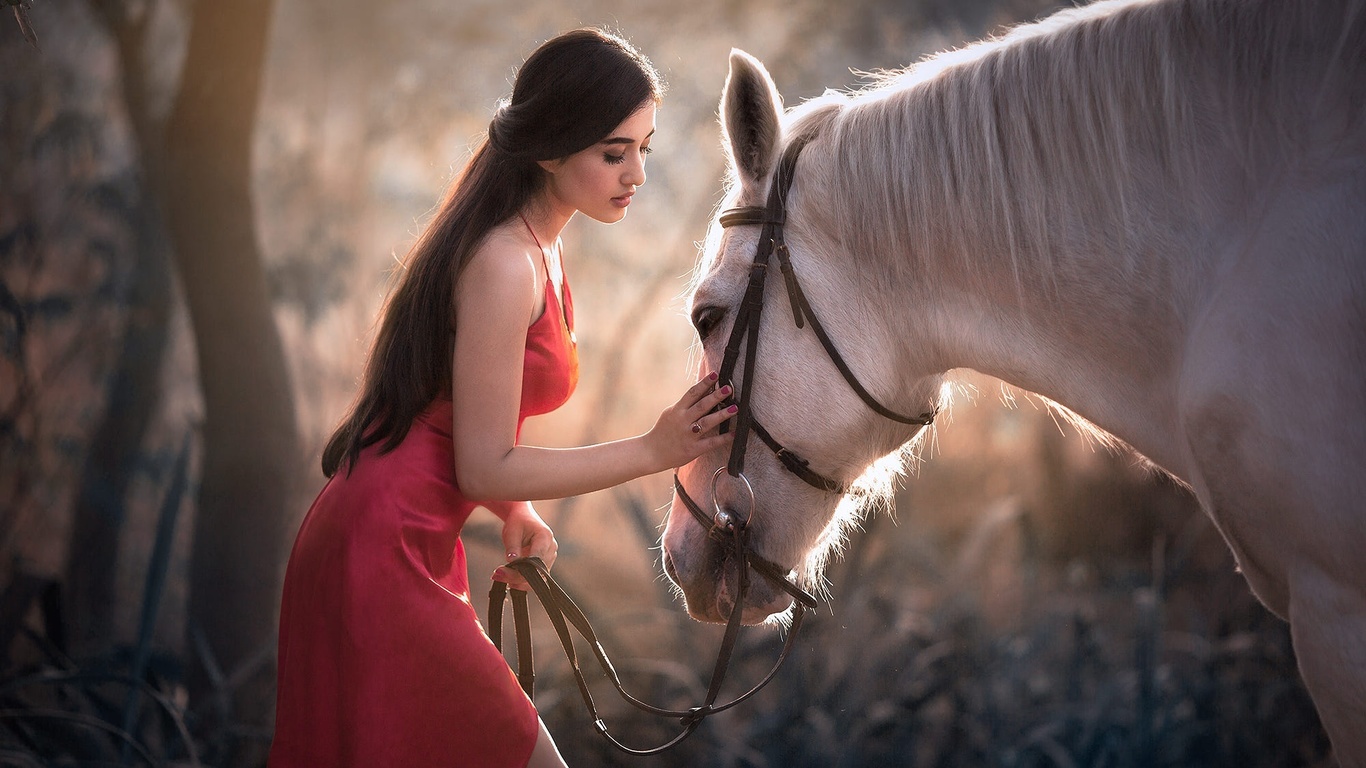 natalia arantseva, horse, outdoors, brunette, red dress, model, beauty, white