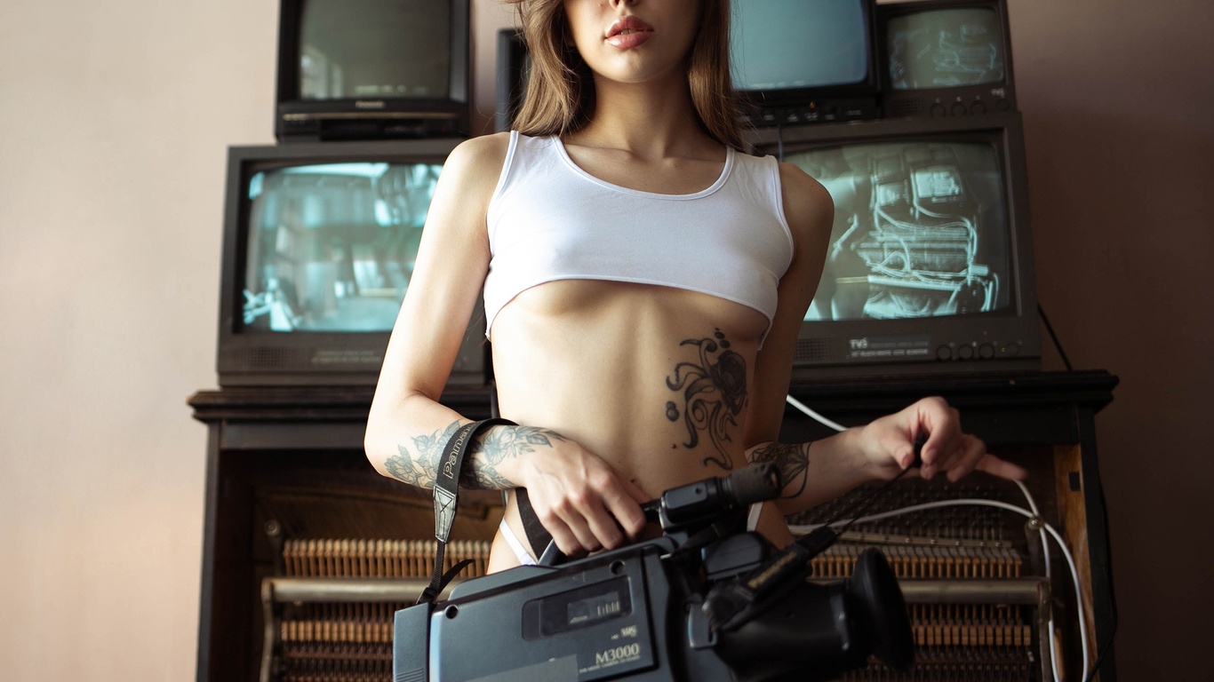 elizaveta milki, brunette, tattoo, , model, women indoors, underboob, hips, white panties, red lipstick, camera, video camera