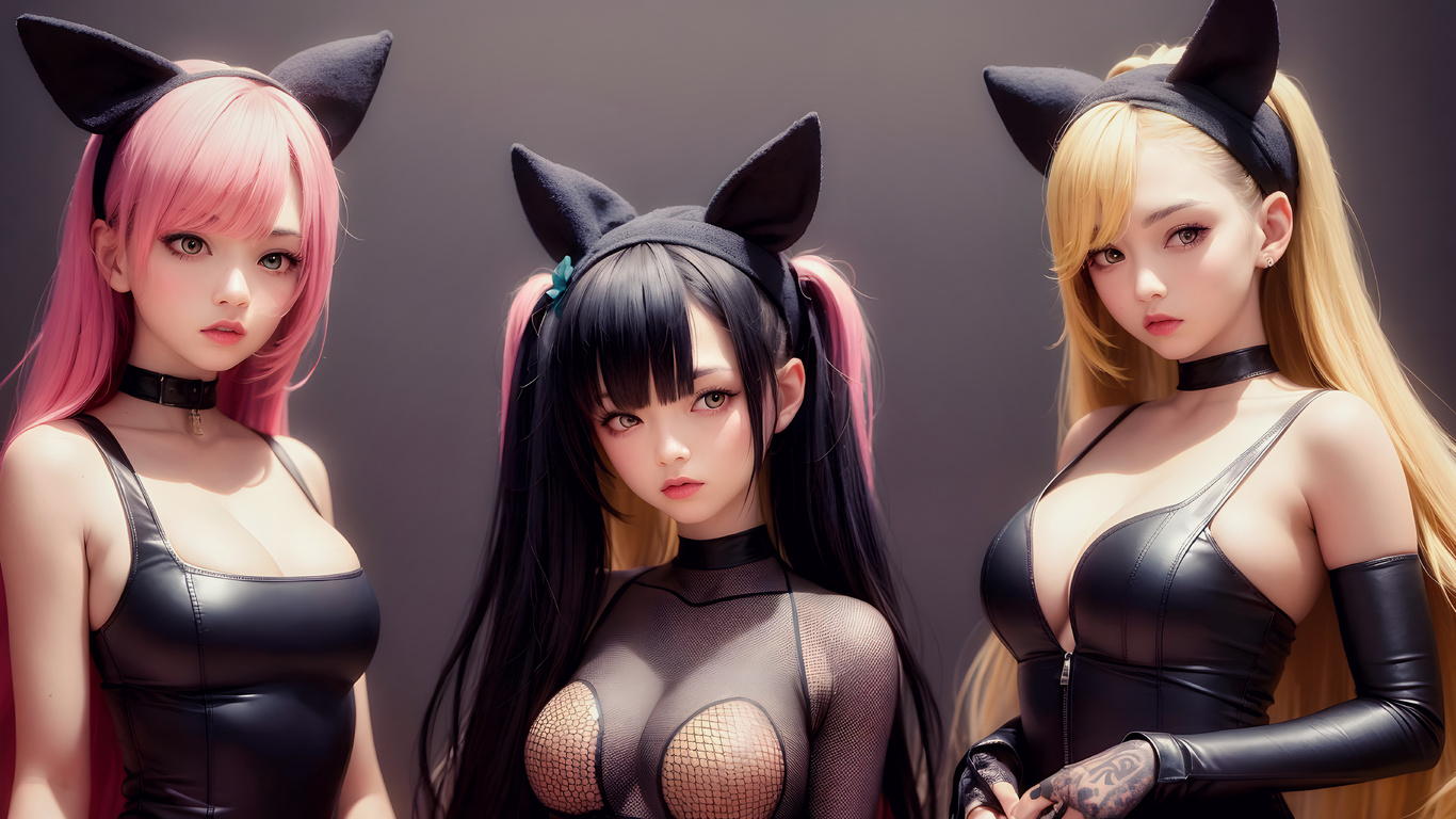 ai art, stable diffusion, , brunette, asian, blonde, black dress, group of women, pink hair