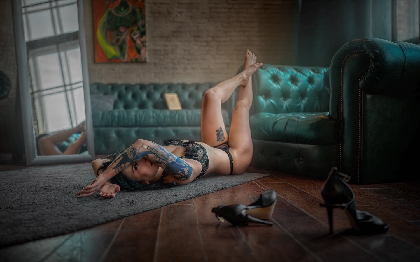 tattoo, ass, couch, brunette, lingerie, mirror, , reflection, model, bra, hips, on the floor, living room, panties