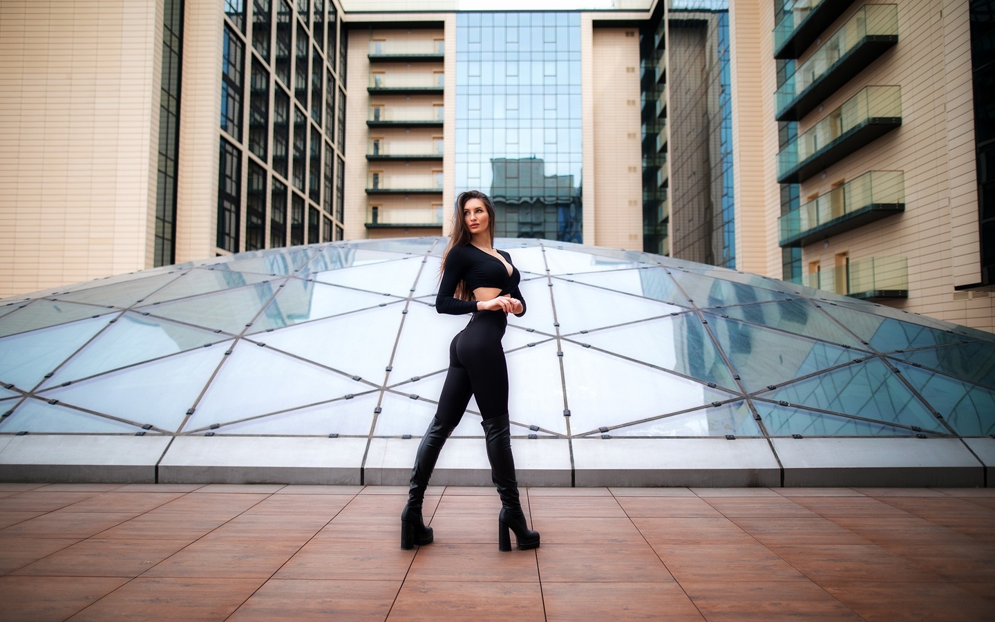 dmitry shulgin, black pants, brunette, women outdoors, , tight pants, urban, public, model, black clothing