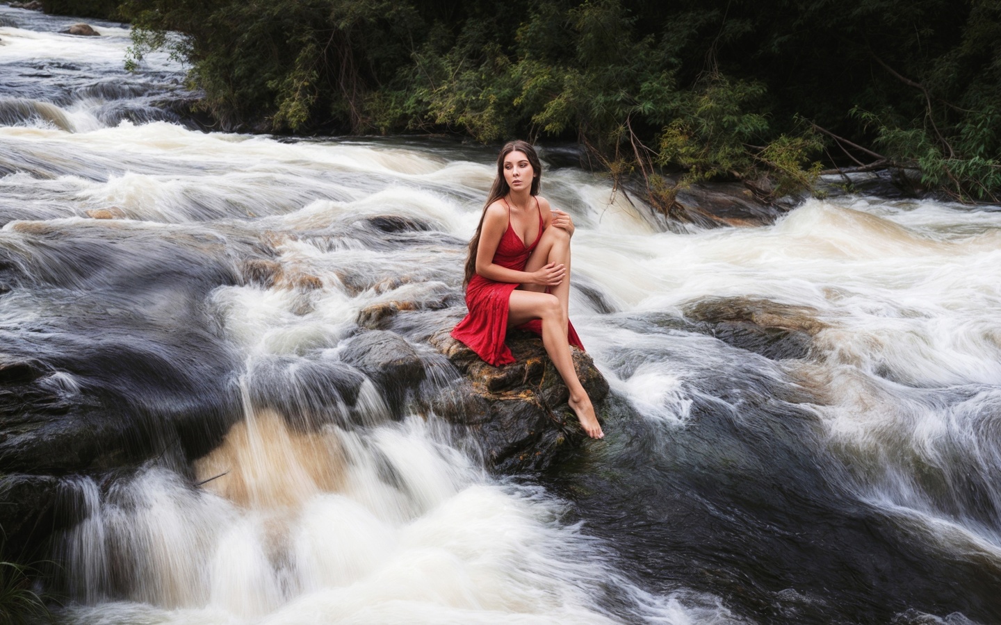 robert zazin, red dress, brunette, , women outdoors, model, river, water, nature