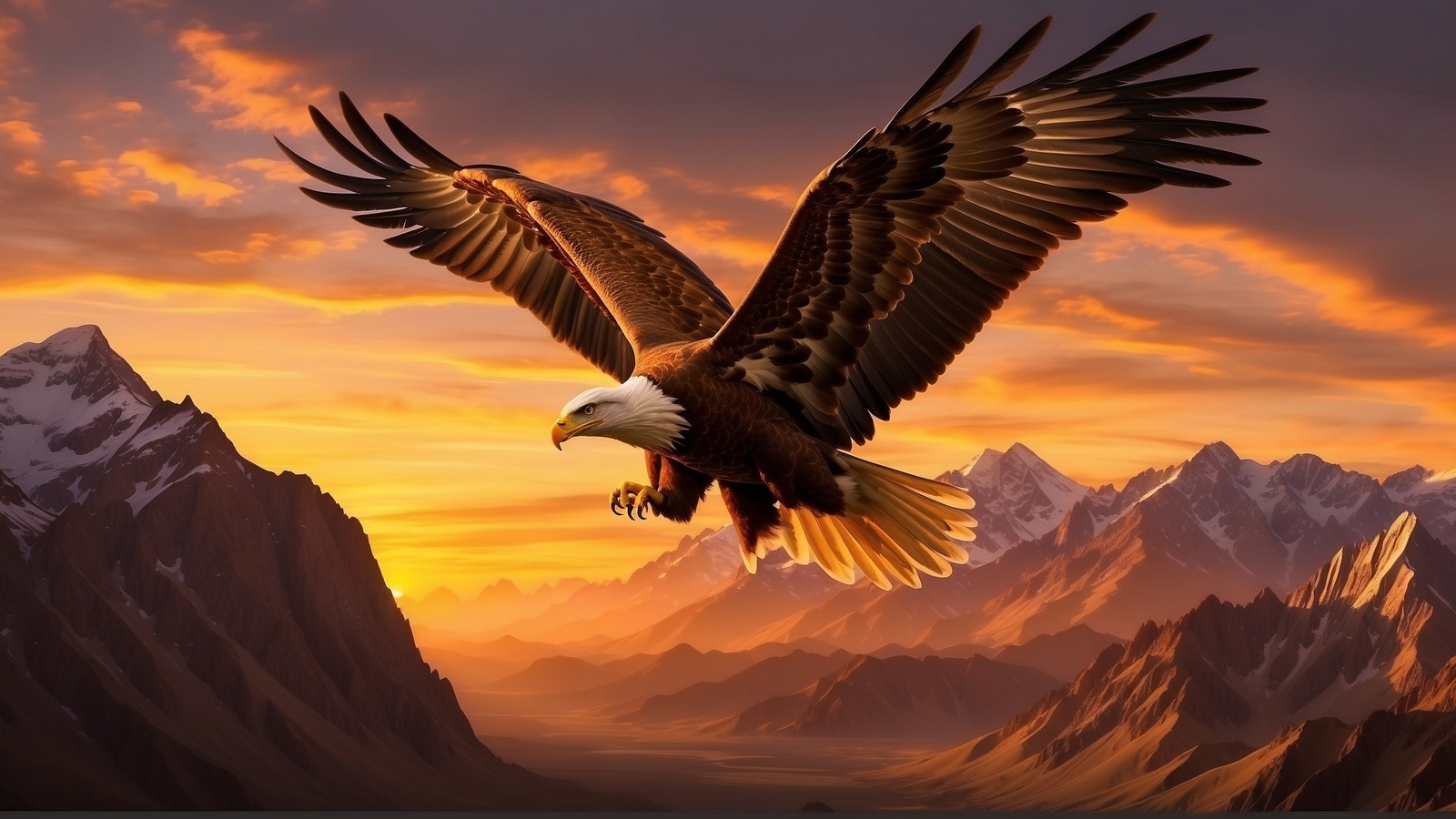 mountains, artwork, bald eagle, sun, flying