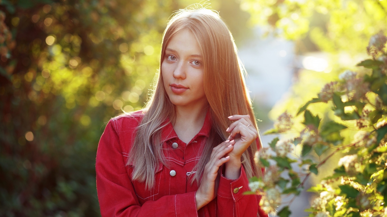 evgeniy bulatov, red jackets, nature, denim jacket, blonde, , model, plants, bokeh, women outdoors