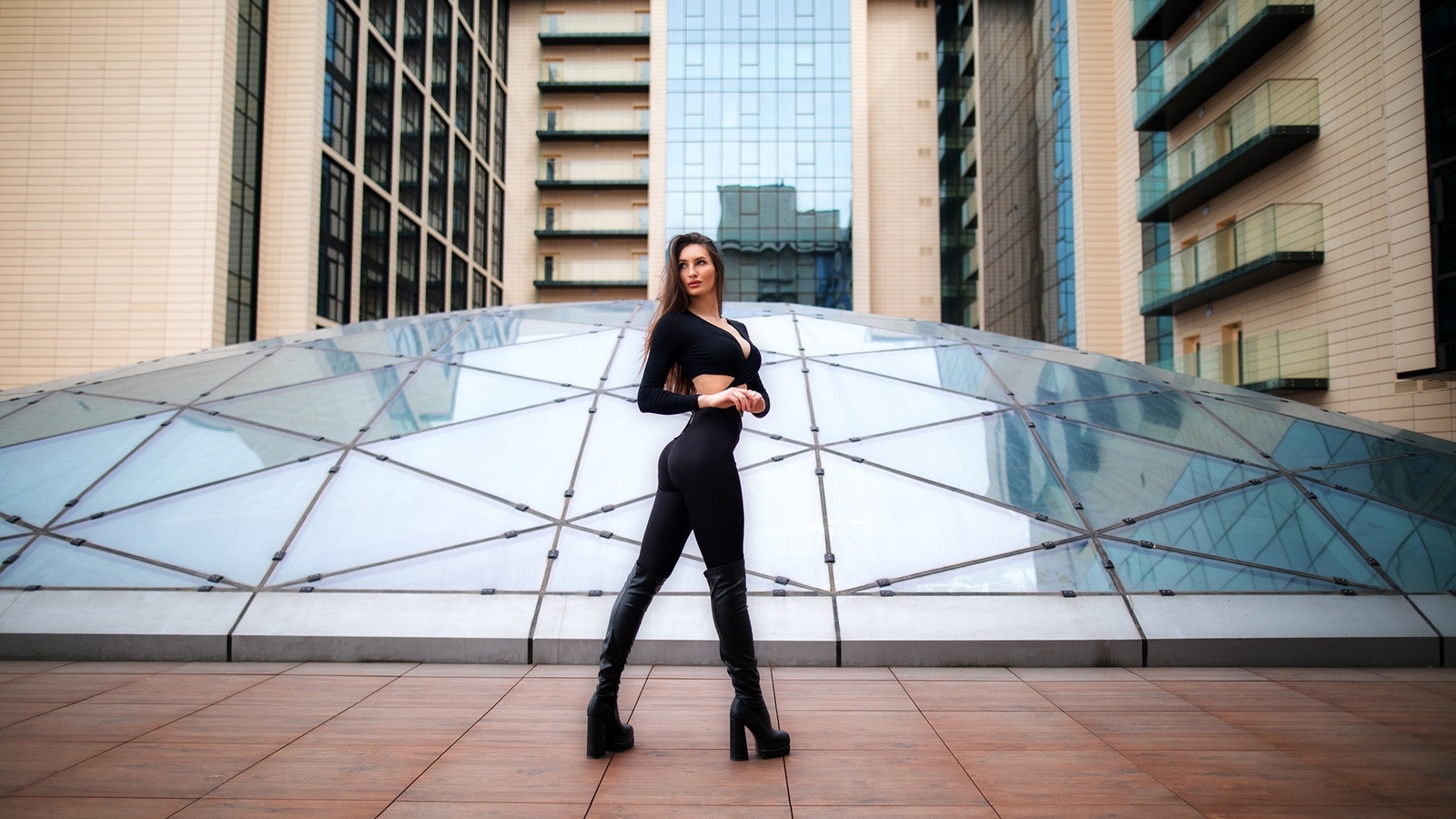 dmitry shulgin, black pants, brunette, women outdoors, , tight pants, urban, public, model, black clothing