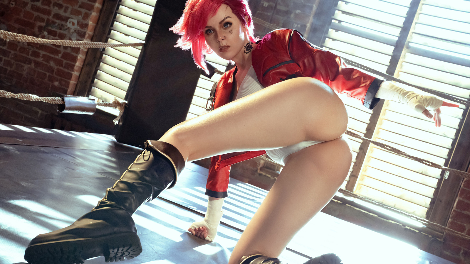 helly von valentine, model, cosplay, vi league of legends, redhead, , women, league of legends, arcane, women indoors, ass, leather jacket, tattoo, hips, white panties, video game girls, video games, bent over, boots, white tops