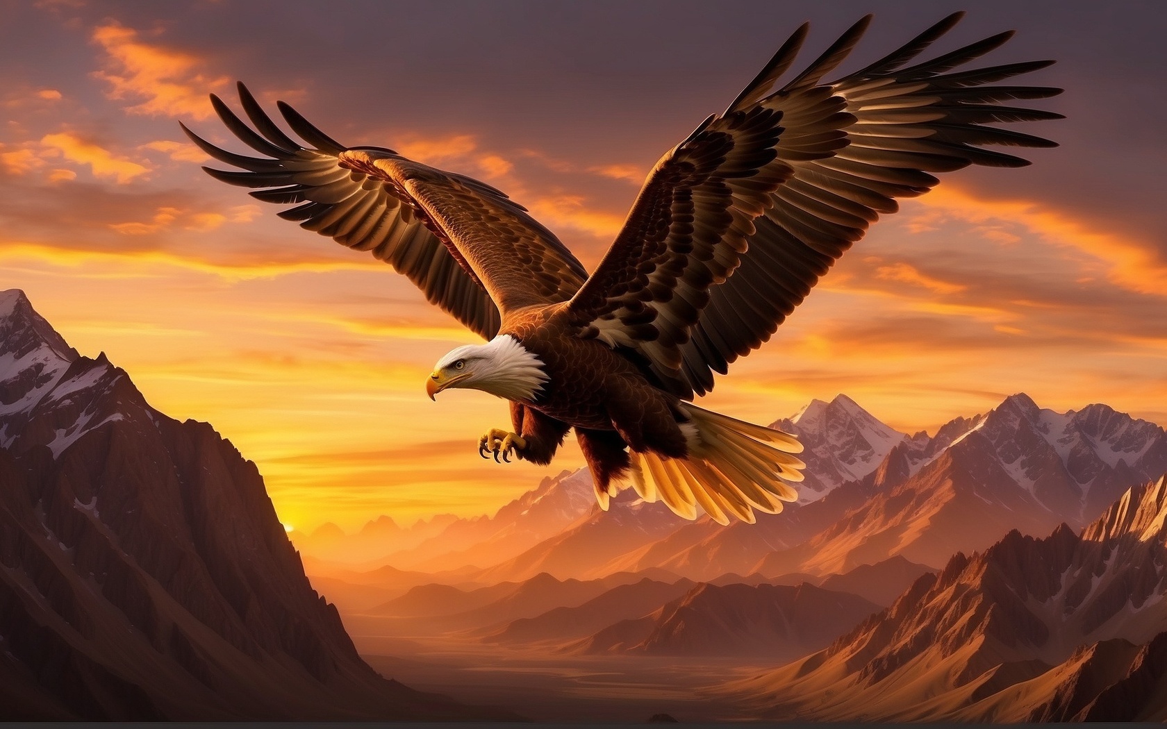 mountains, artwork, bald eagle, sun, flying