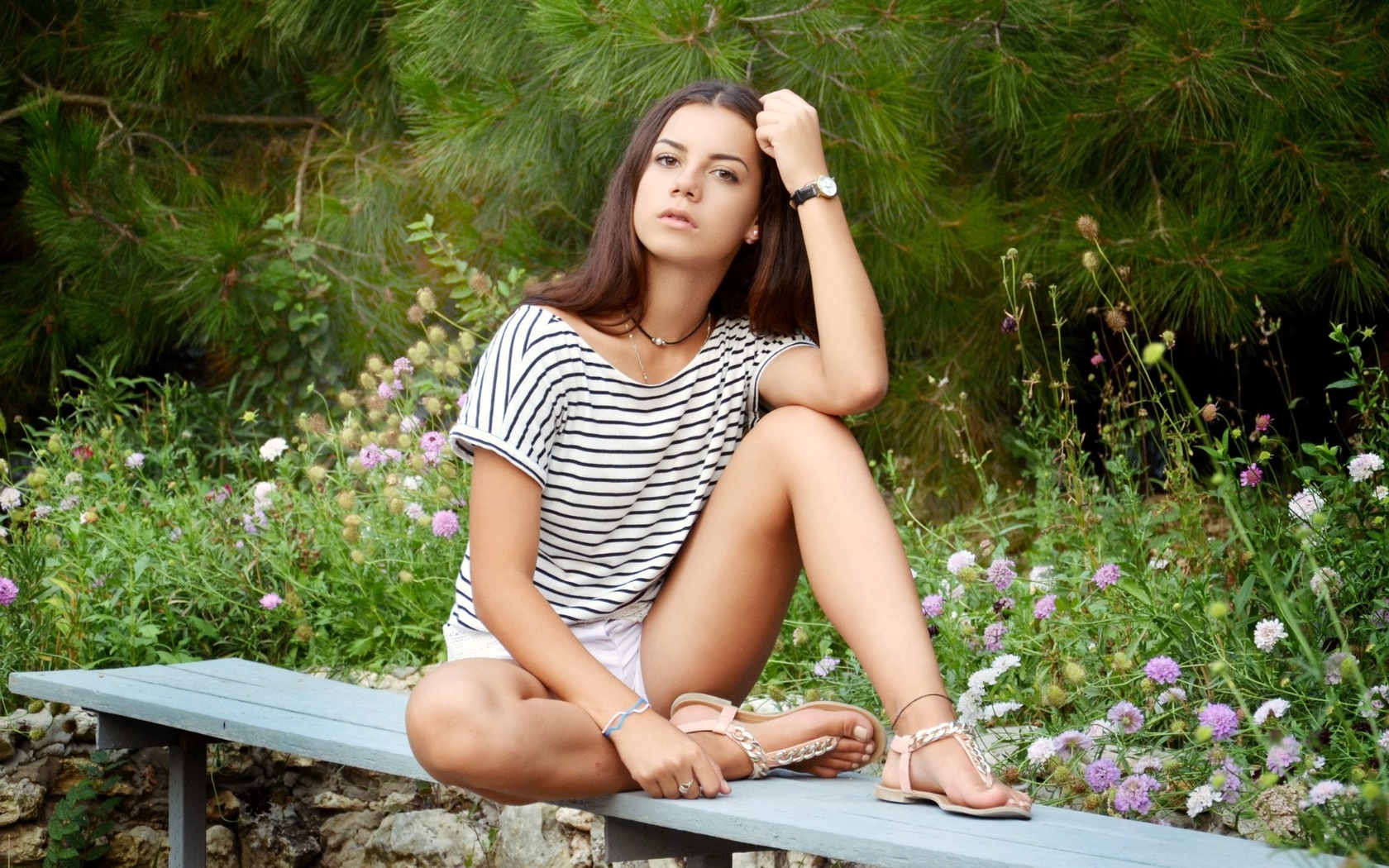 white shorts, brunette, bench, , model, women outdoors, shorts, park, sitting, legs