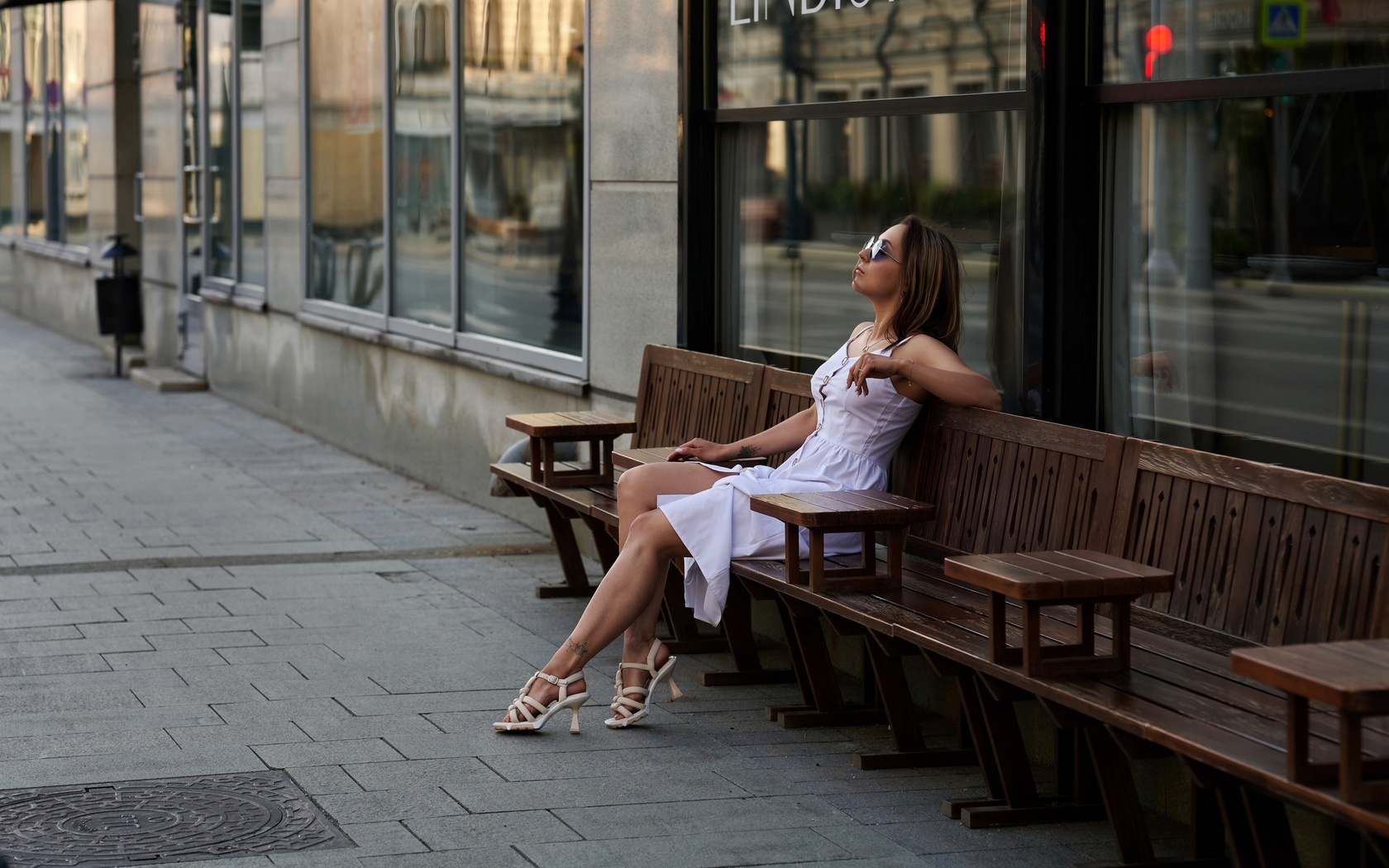 gene oryx, women with glasses, tattoo, brunette, sitting, , women outdoors, model, urban, white dress, public, bench