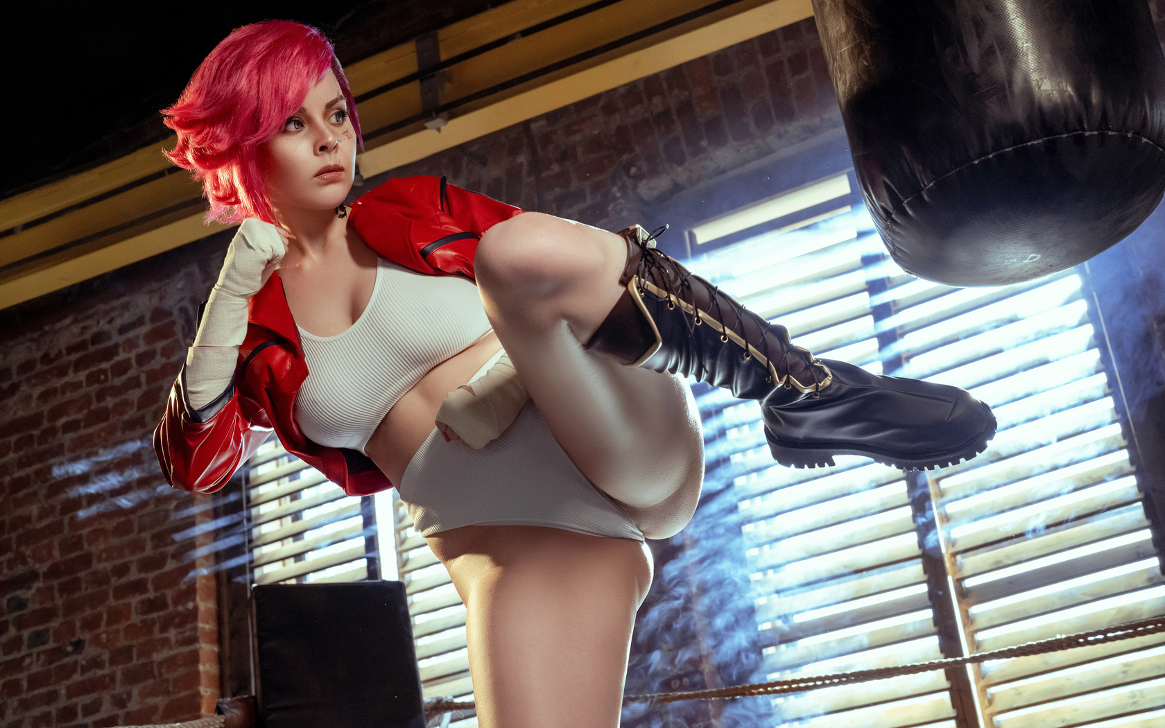 helly von valentine, model, cosplay, vi league of legends, redhead, , women, league of legends, arcane, women indoors, ass, leather jacket, tattoo, hips, white panties, video game girls, video games