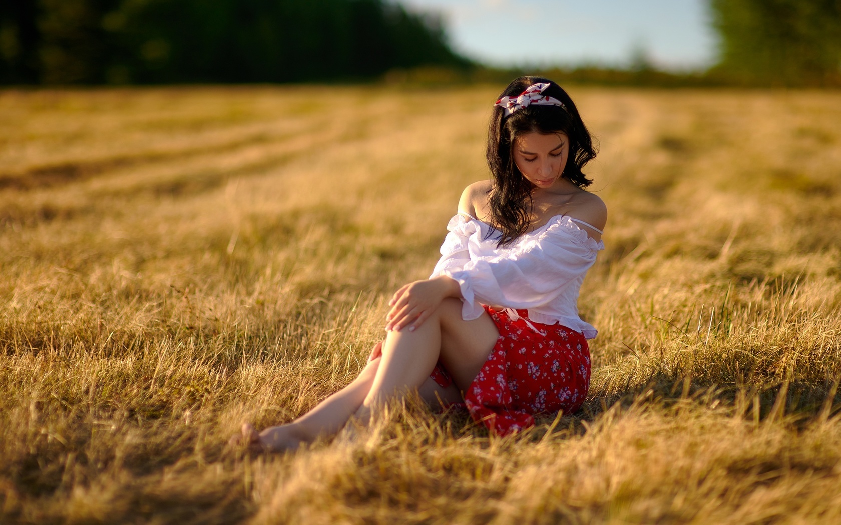 field, brunette, women outdoors, white blouse, model, grass, barefoot, grass, red skirt, , nature