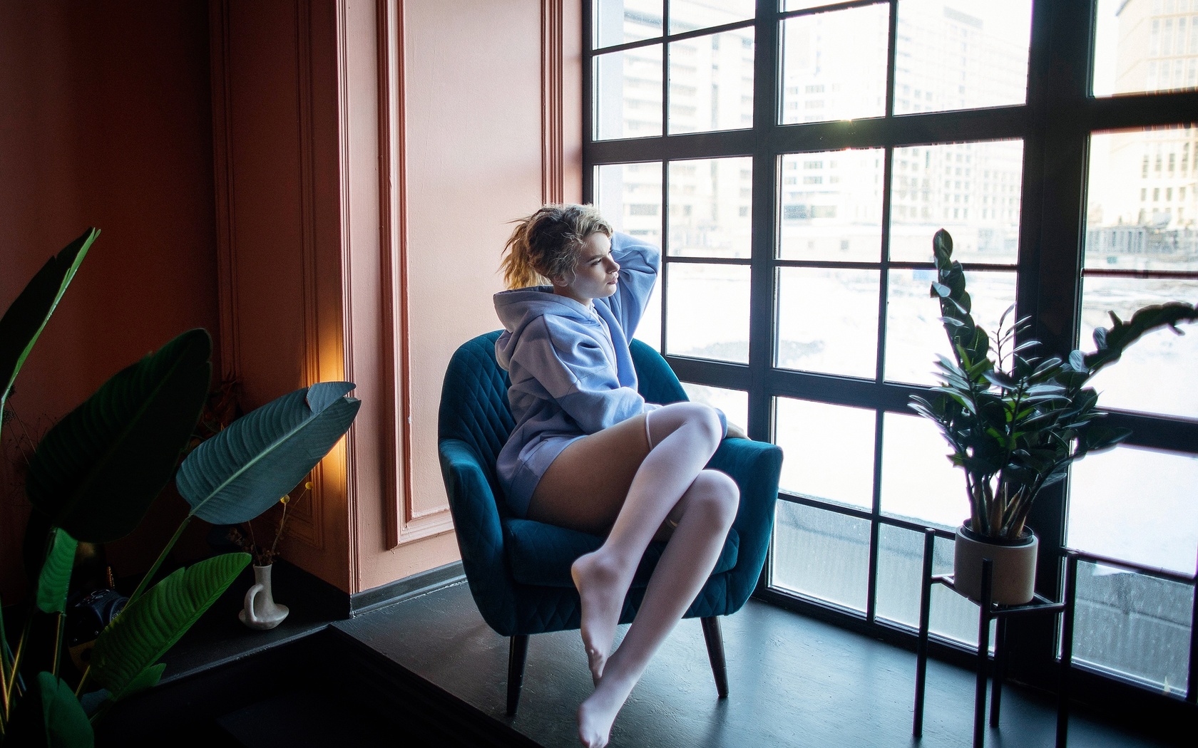 maksim chuprin, model, ira novikova, blonde, , by the window, women indoors, women, sweatshirt, sweater, armchair, ass