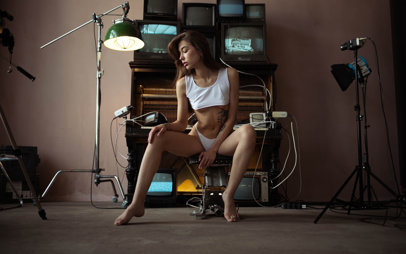 elizaveta milki, brunette, tattoo, , model, women indoors, underboob, hips, white panties, red lipstick, studio, ass, sitting