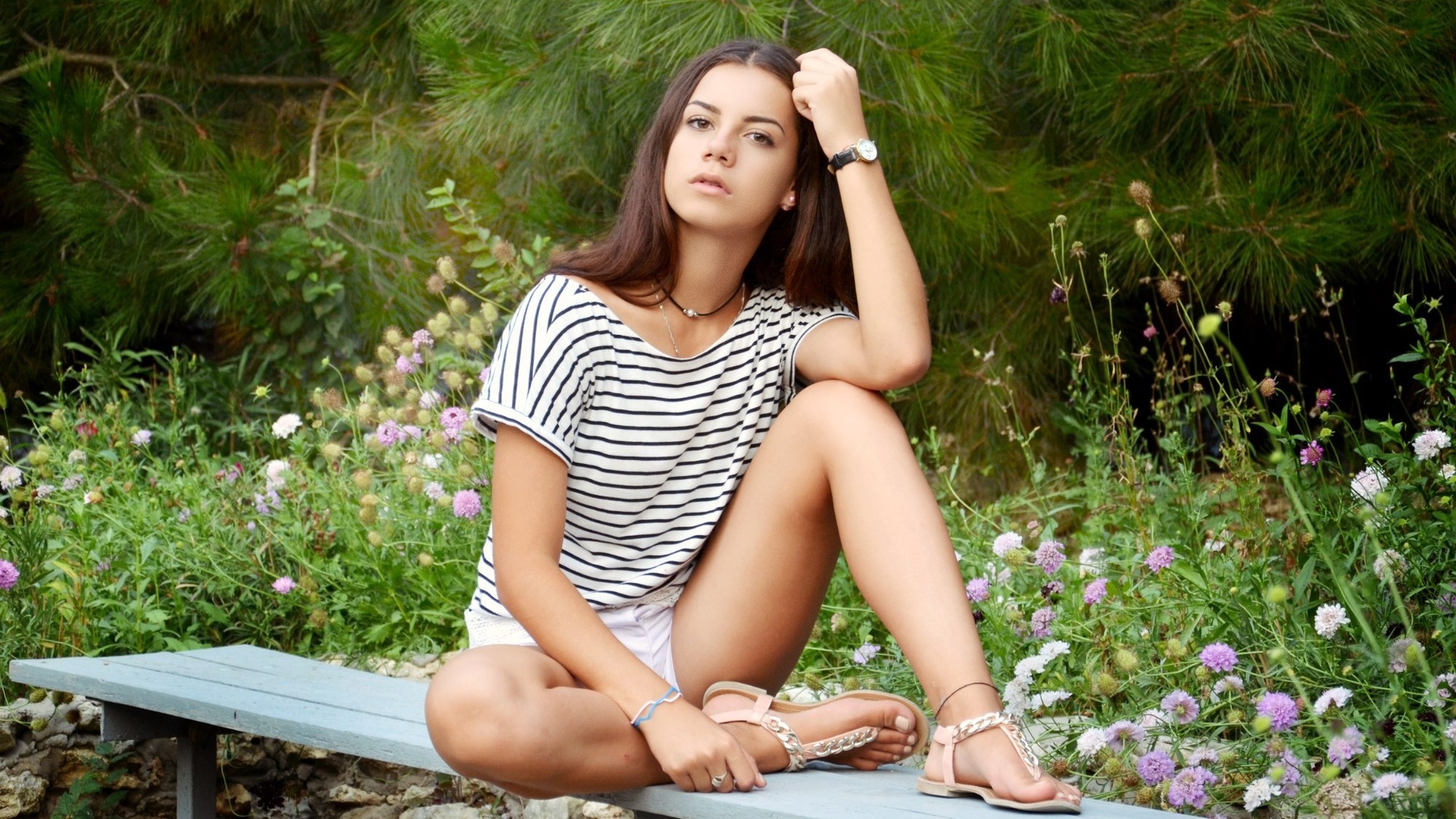 white shorts, brunette, bench, , model, women outdoors, shorts, park, sitting, legs