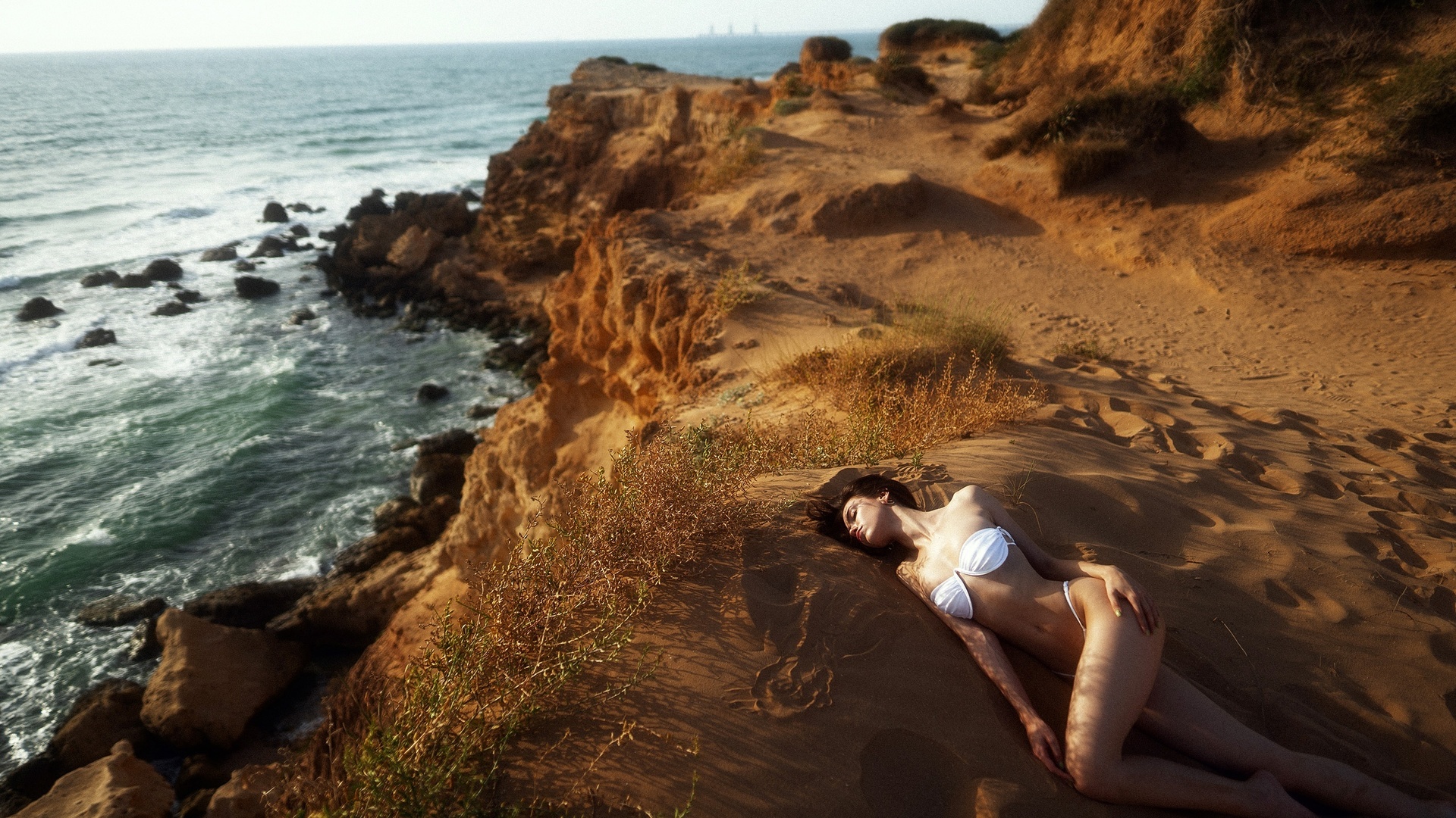 maxim gustarev, beach, hips, white bikini, brunette, , women outdoors, model, ass, nature