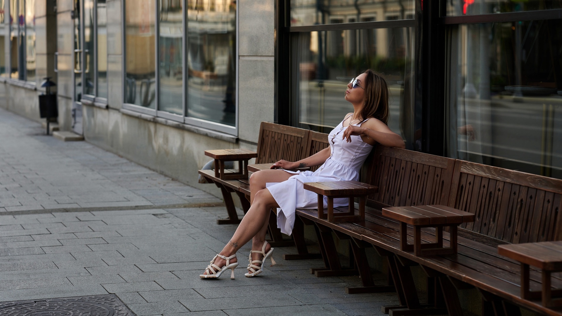 gene oryx, women with glasses, tattoo, brunette, sitting, , women outdoors, model, urban, white dress, public, bench