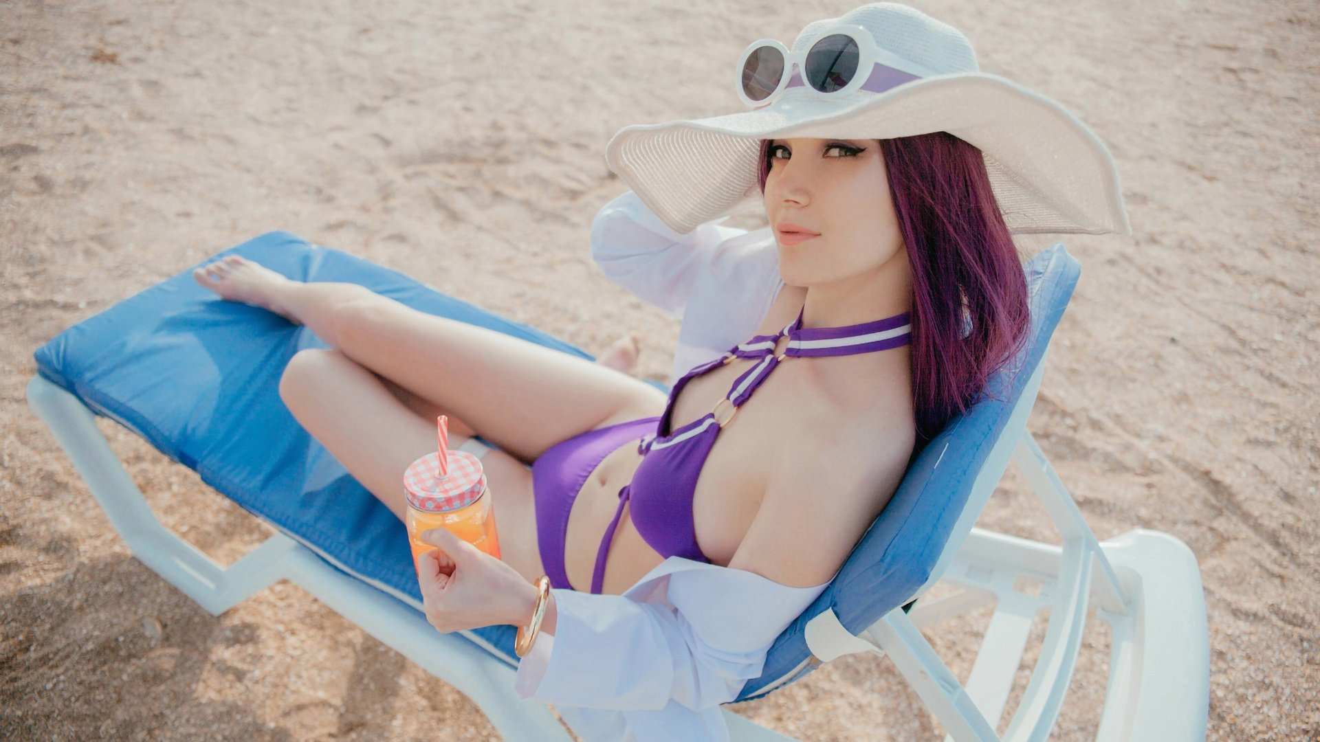 ksana stankevich, cosplay, purple hair, women outdoors, , model, women, caitlyn:league of legends, beach, hips, league of legends, ass