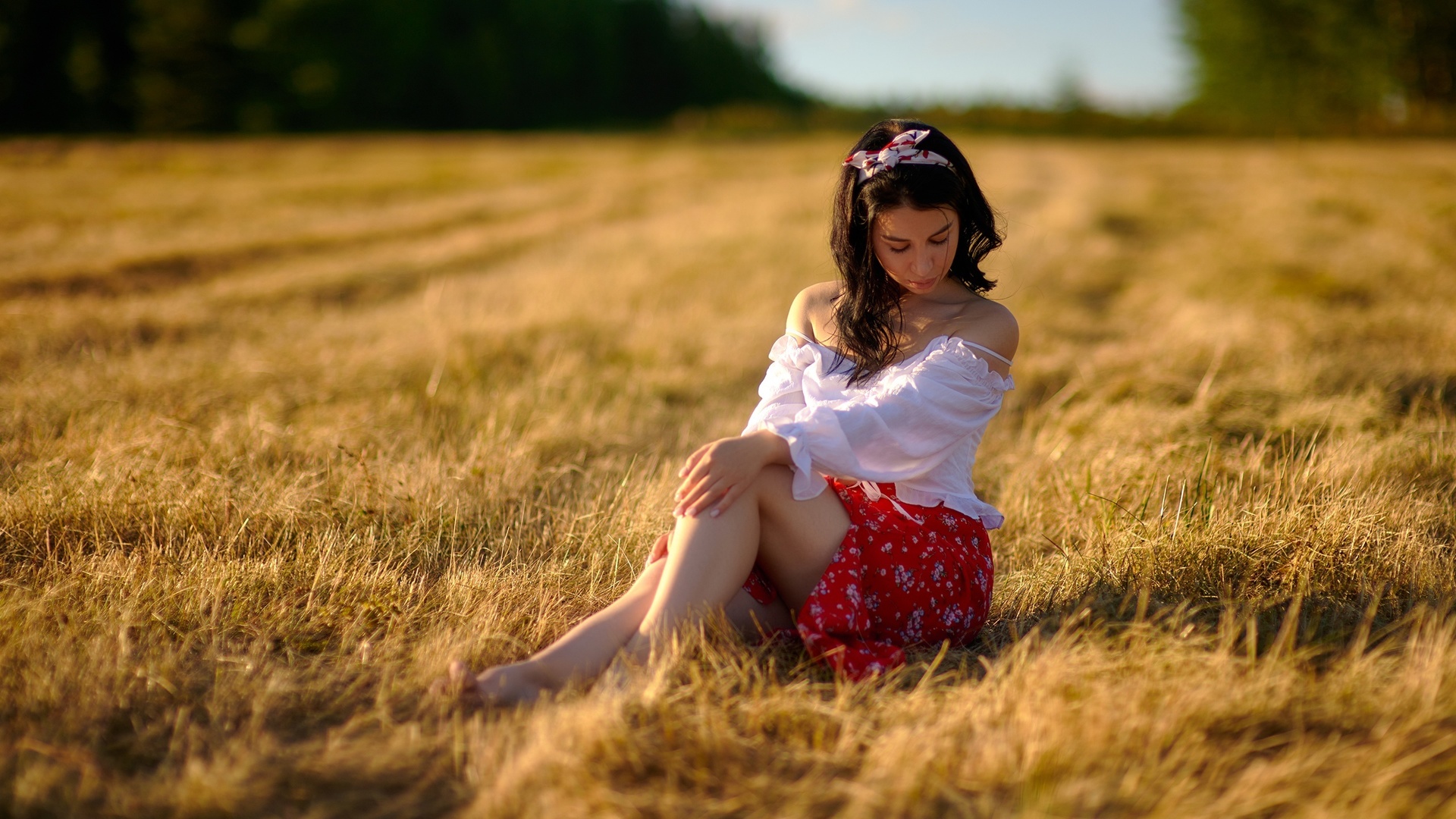 field, brunette, women outdoors, white blouse, model, grass, barefoot, grass, red skirt, , nature