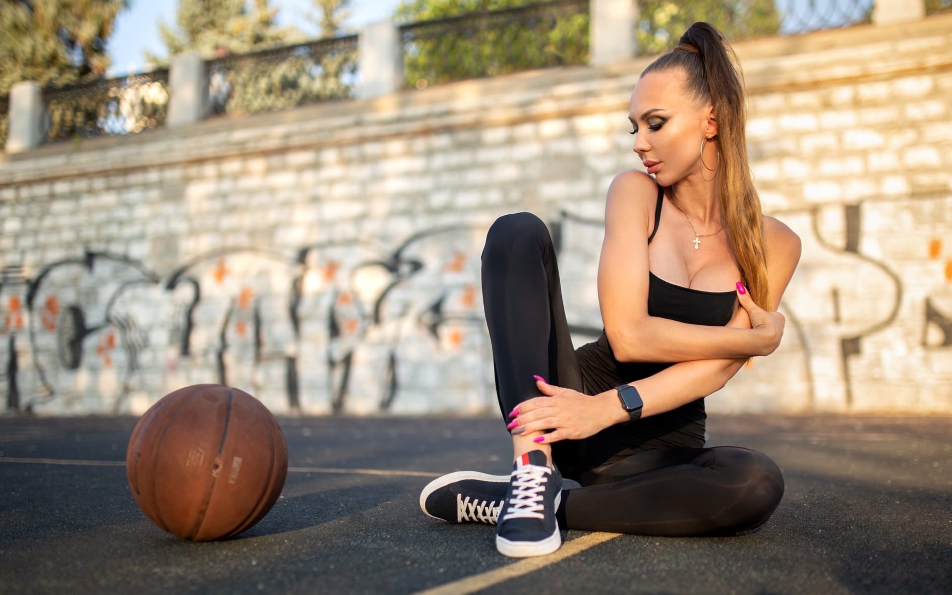 basketball, ball, brunette, , sneakers, model, graffiti, makeup, on the floor, women outdoors, bodysuit, , , , sky