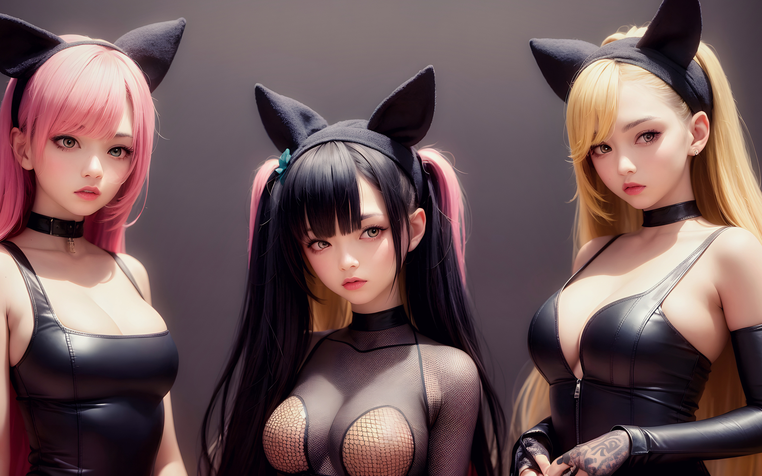 ai art, stable diffusion, , brunette, asian, blonde, black dress, group of women, pink hair