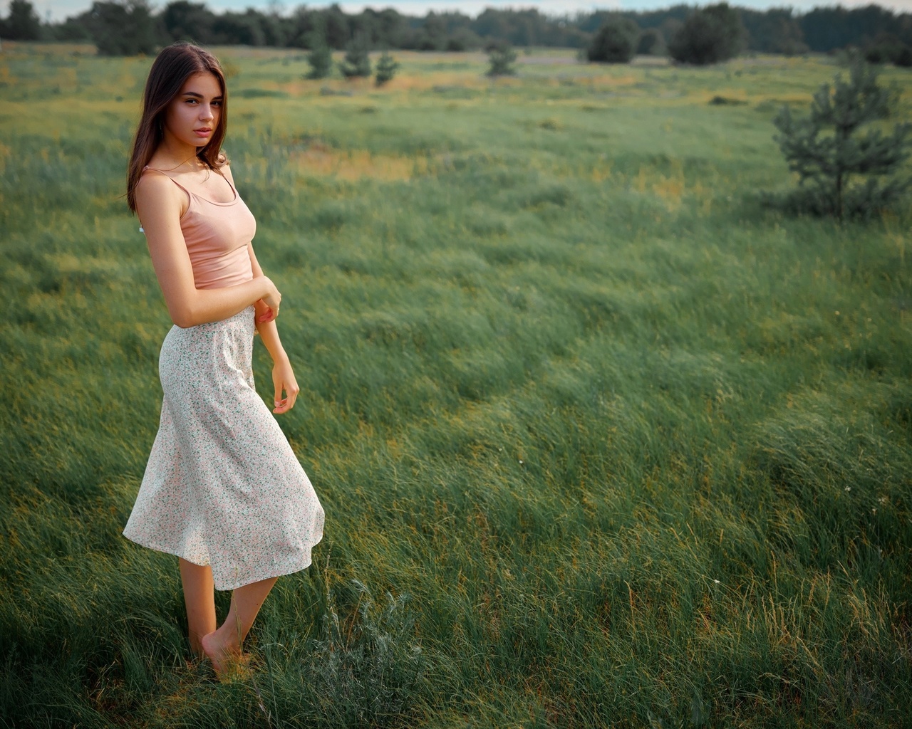 sergey bogatkov, model, , women outdoors, nature, skirt, grass, field, brunette, barefoot