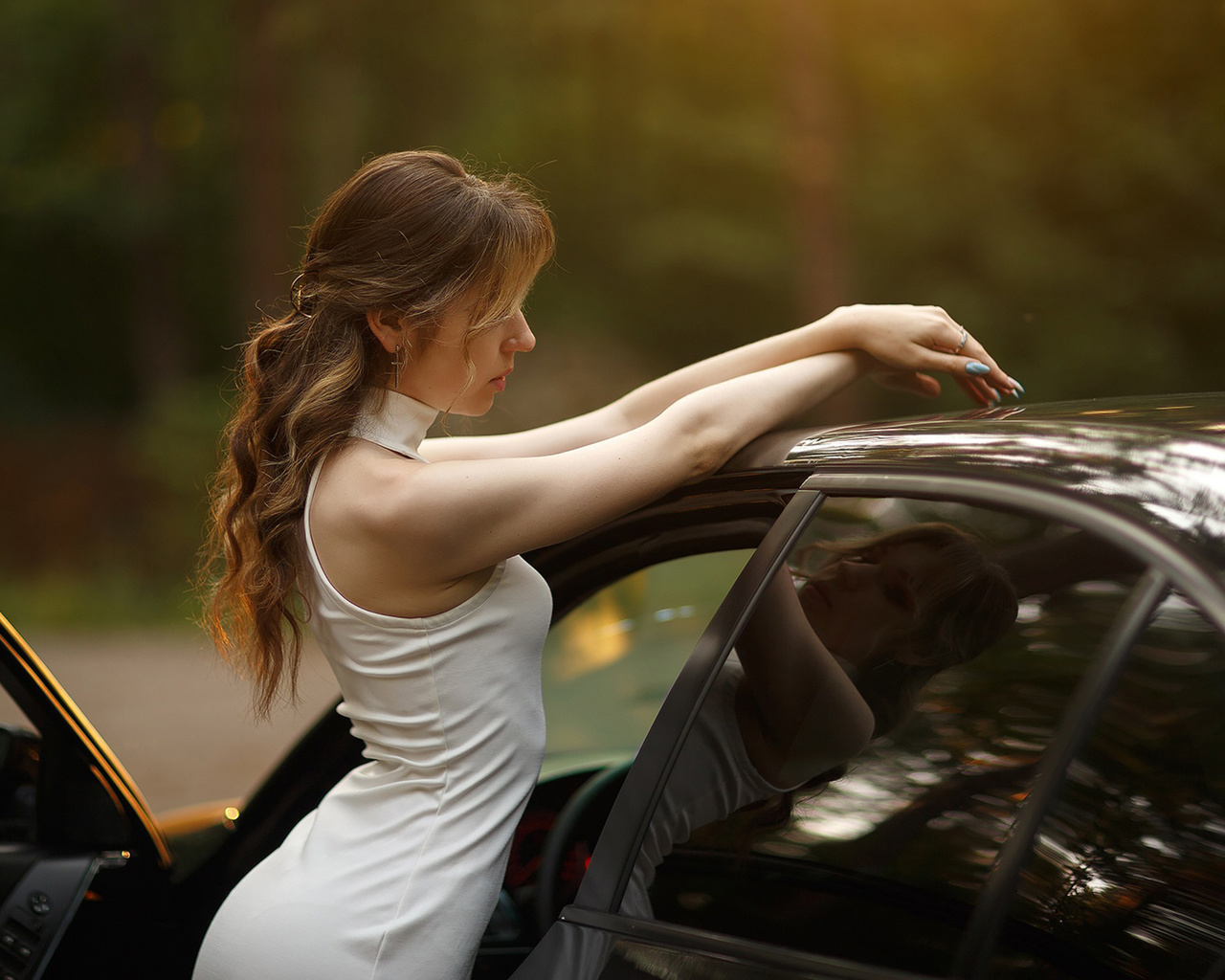 vladimir lapshin, white dress, , brunette, black cars, women outdoors, model, blue nails