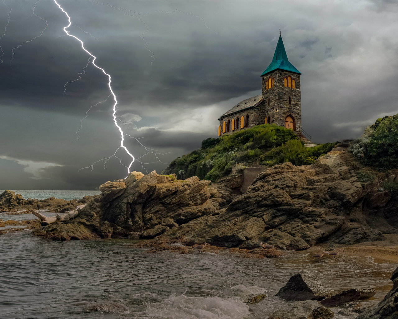 natureza, raios, tempestade, mar, chuva, casinha