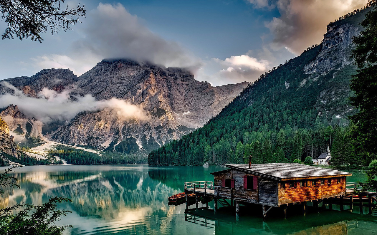 cabana, montanhas, lago, natureza