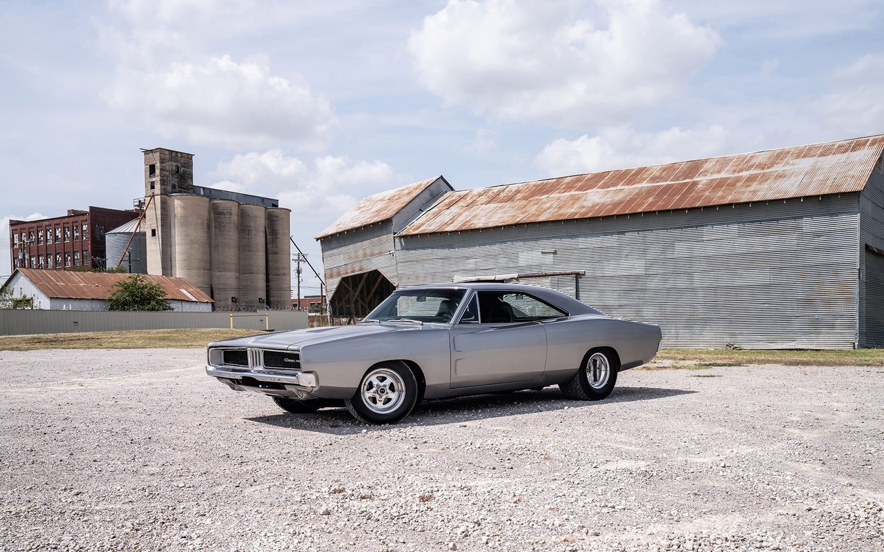 mopar, classic, silver, muscle, charger, dirt, buildings