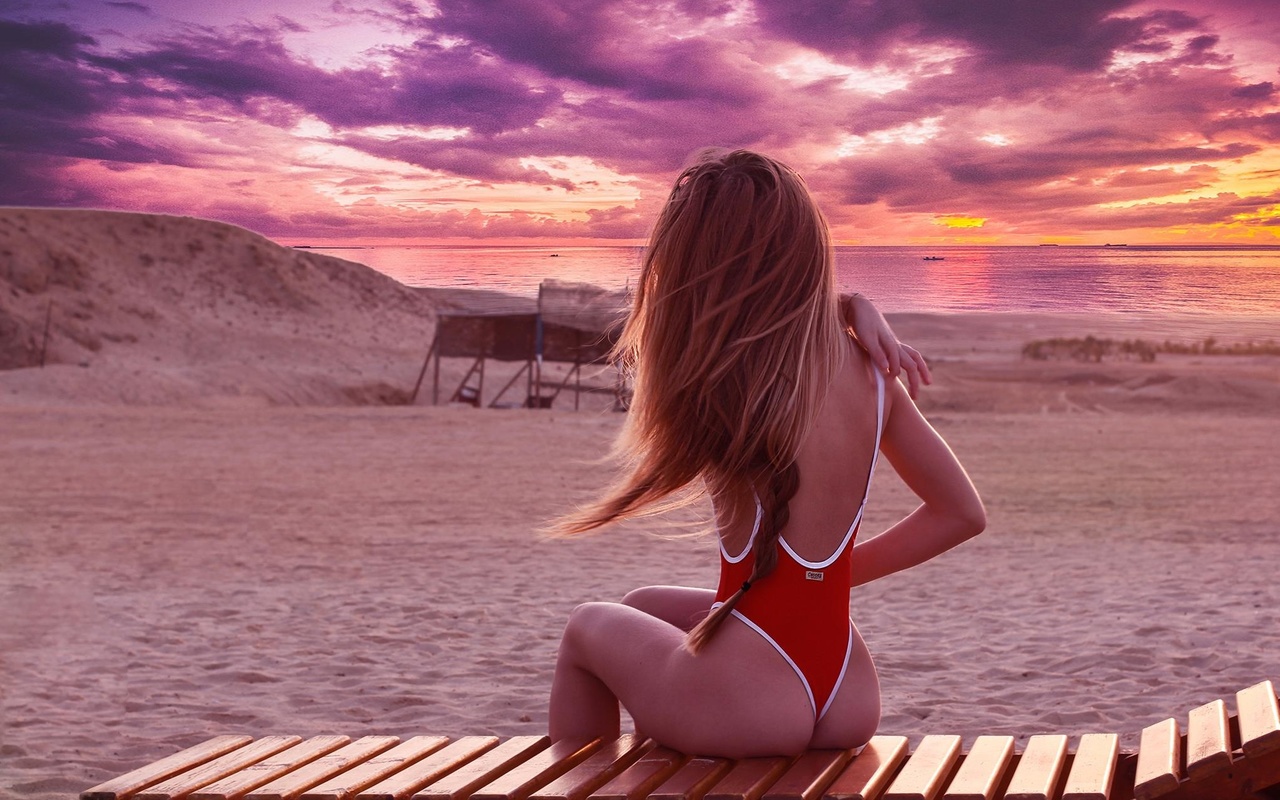 swimwear, beach, blonde, , rear view, sky, model, hips, women outdoors, ass, clouds, sitting, nature