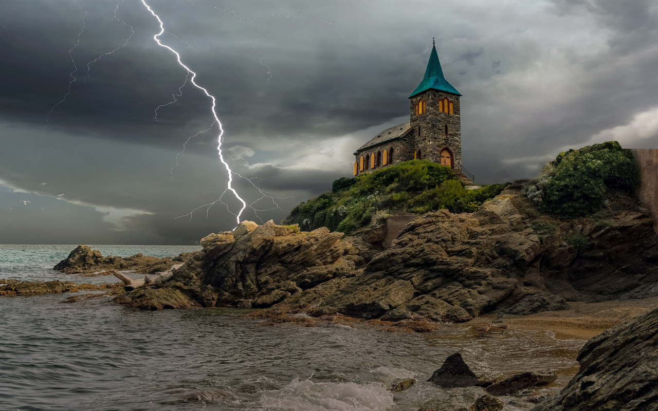 natureza, raios, tempestade, mar, chuva, casinha