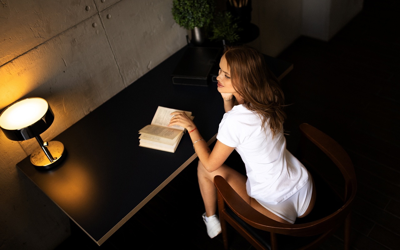 sitting, chair, table, ass, redhead, white panties, women indoors, hips, , sneakers, model, t-shirt, white t-shirt