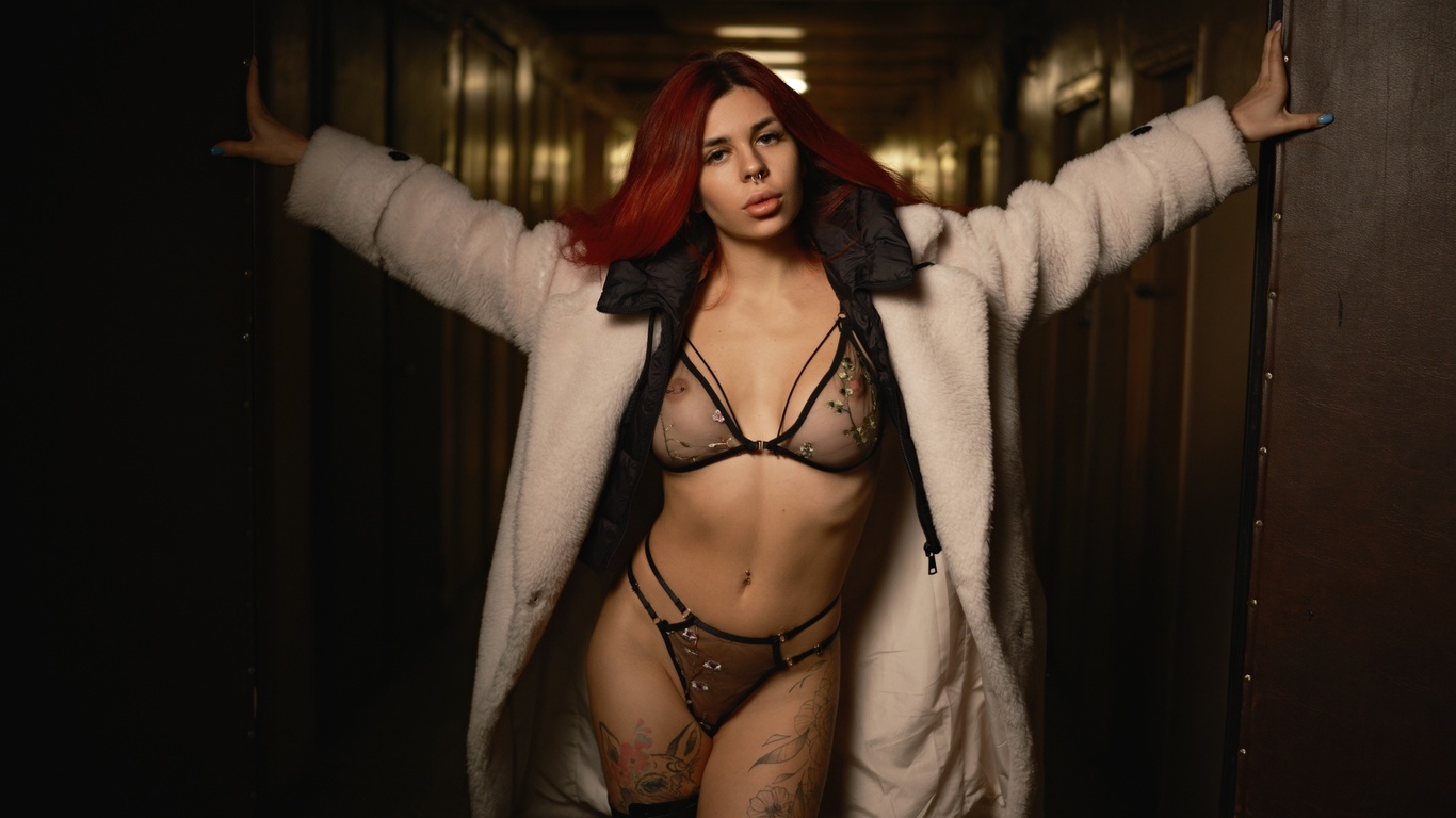 , georgy kazantsev, alisa rabbit, open coat, redhead, indoors, transparent lingerie, boobs, pierced nose, model, pierced navel, tattoo, looking at viewer, pierced nipples, hips