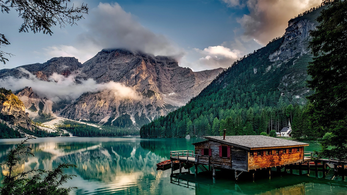 cabana, montanhas, lago, natureza