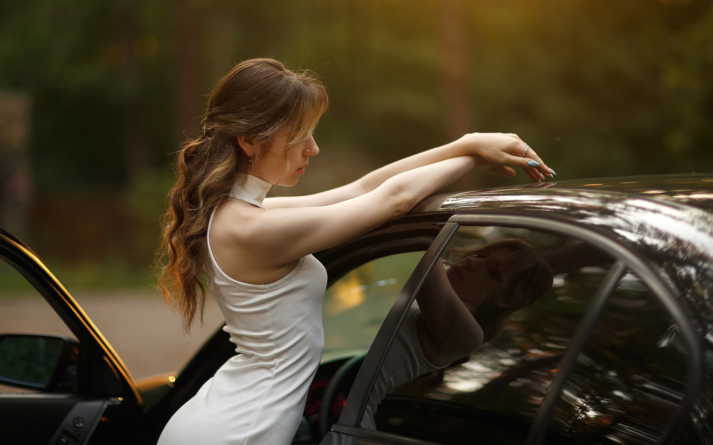 vladimir lapshin, white dress, , brunette, black cars, women outdoors, model, blue nails