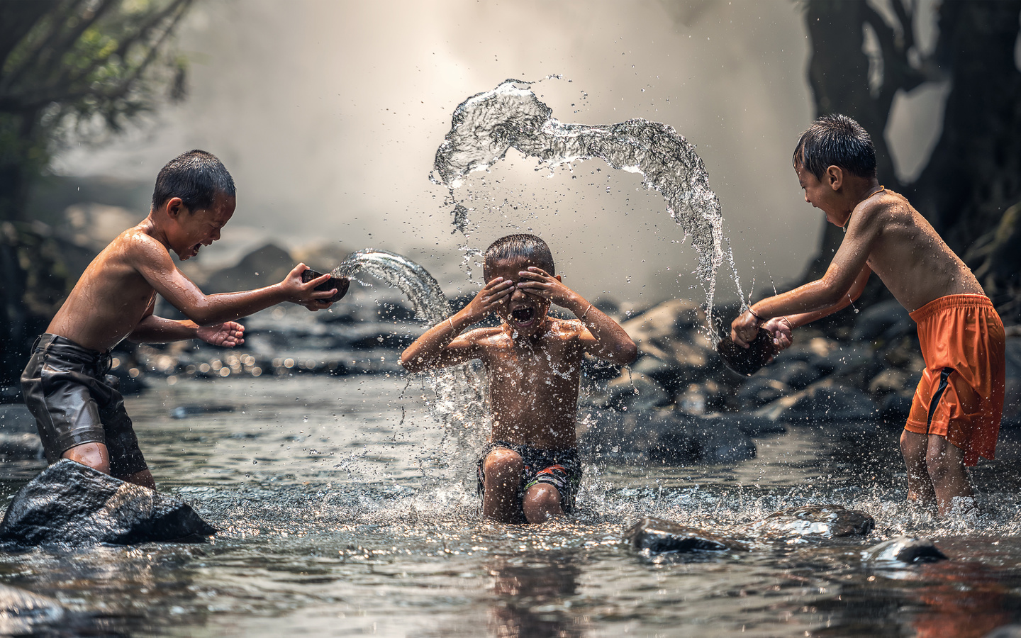 garotos, brincando, agua, lago, natureza, paisagem