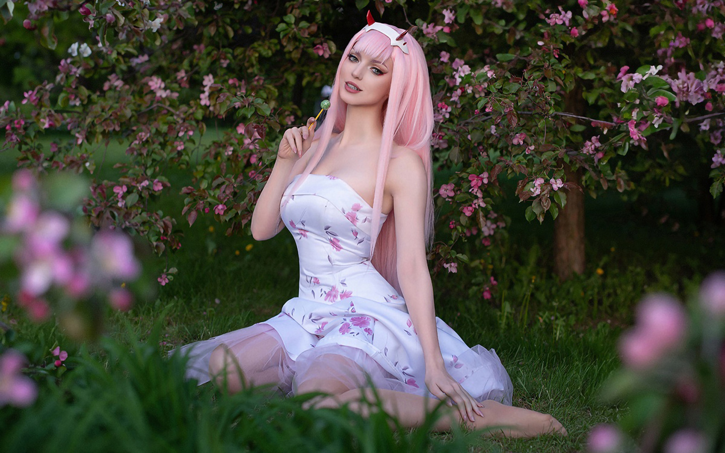 darling in the franxx, zero two -darling in the franxx, pink hair, women outdoors, dress, , model, plants, nature, cosplay, anime girls, anime, flowers