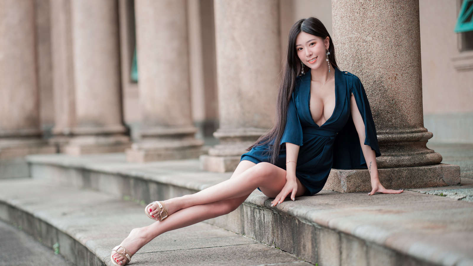 asian, beauty, sexy, long hair, cleavage, sitting