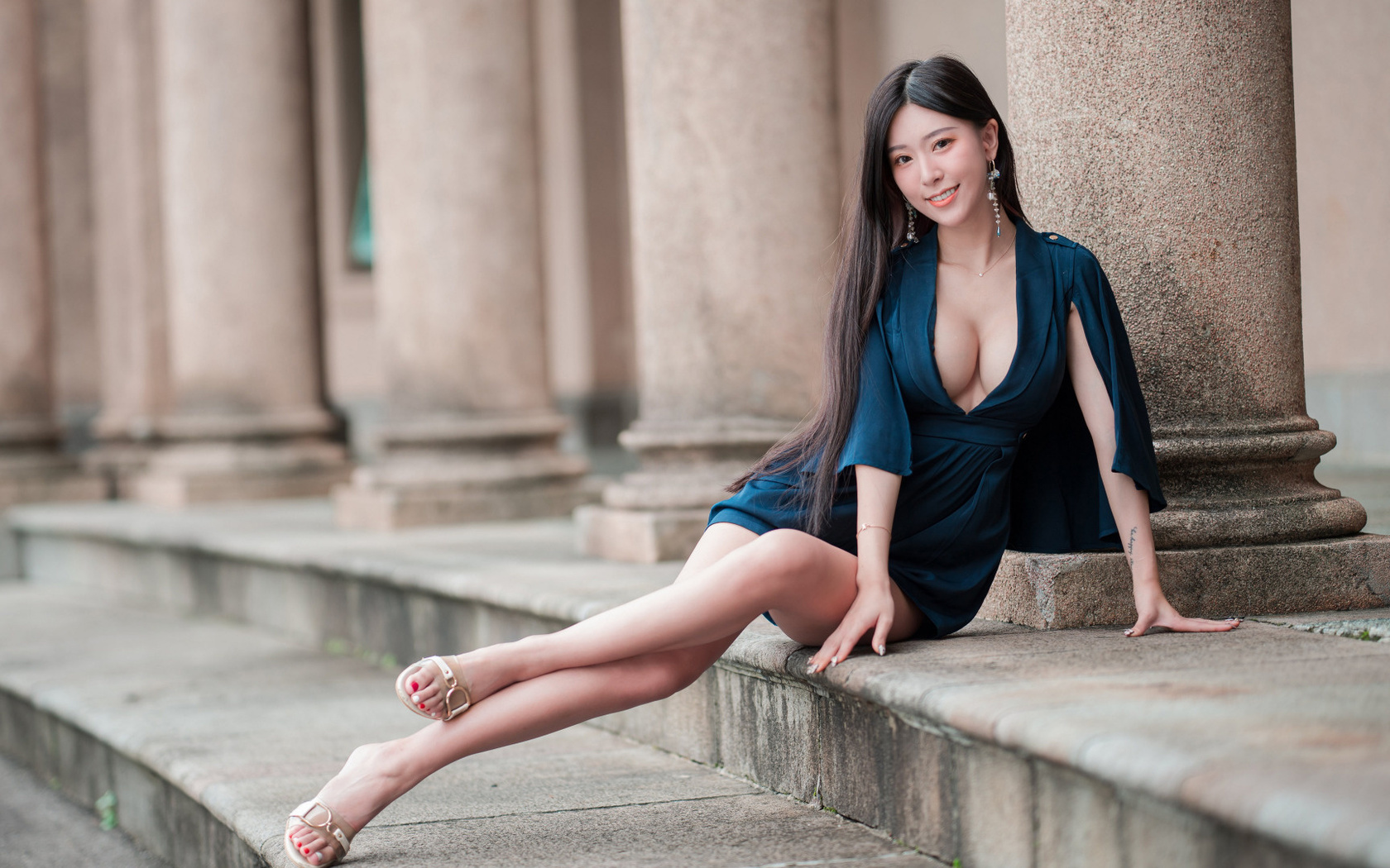 asian, beauty, sexy, long hair, cleavage, sitting