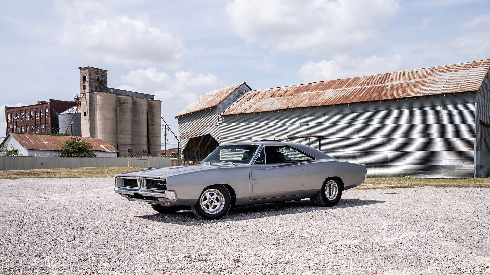 mopar, classic, silver, muscle, charger, dirt, buildings