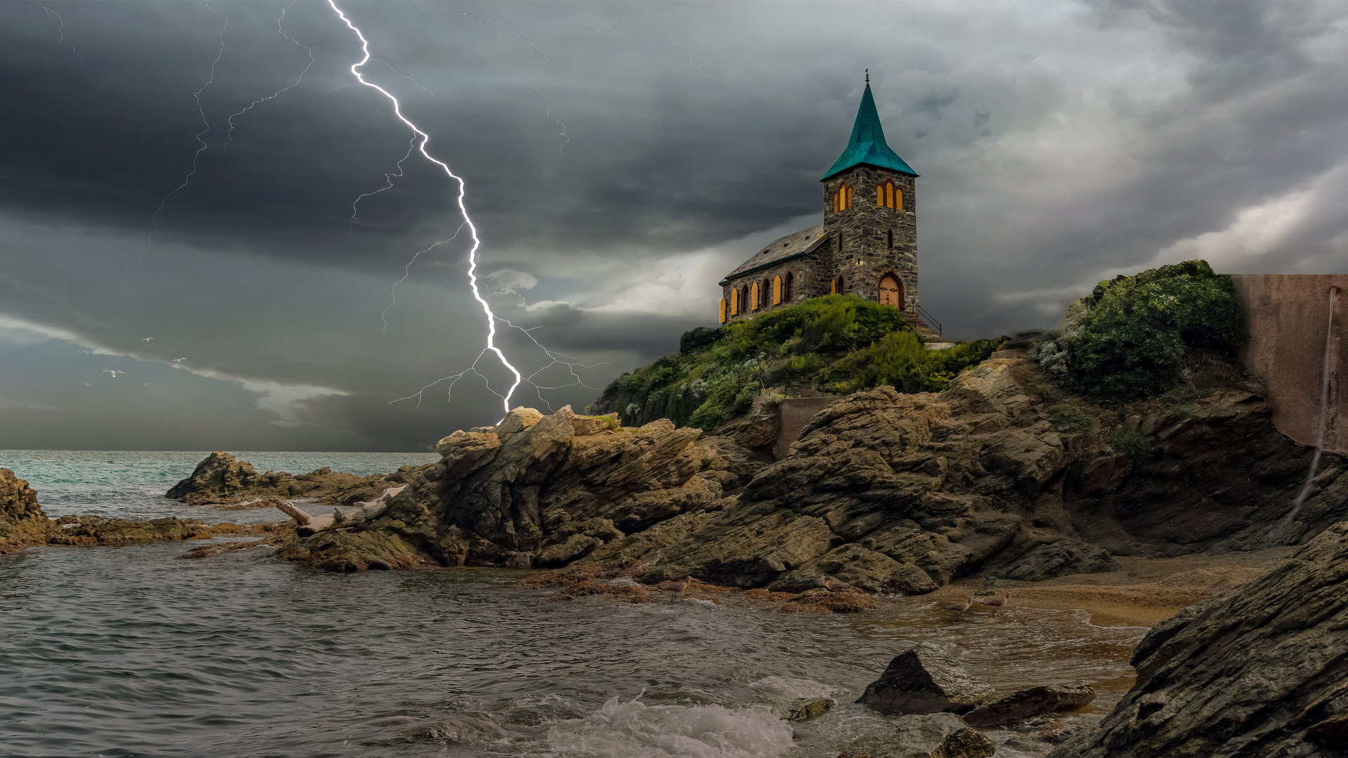 natureza, raios, tempestade, mar, chuva, casinha